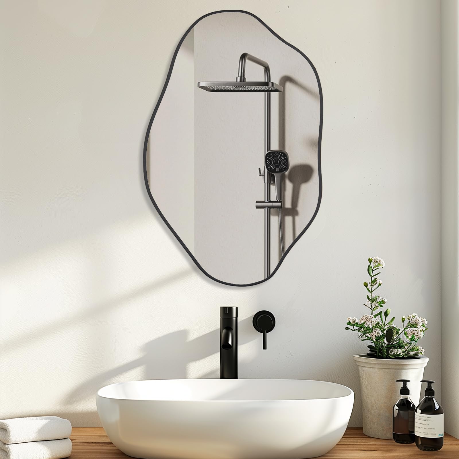 Irregular Wall Mirror Cloud Asymmetrical Shaped Aluminum Alloy Framed Mirror for Living Room Bathroom Bedroom Entryway Fireplace (Black, 24"x36")