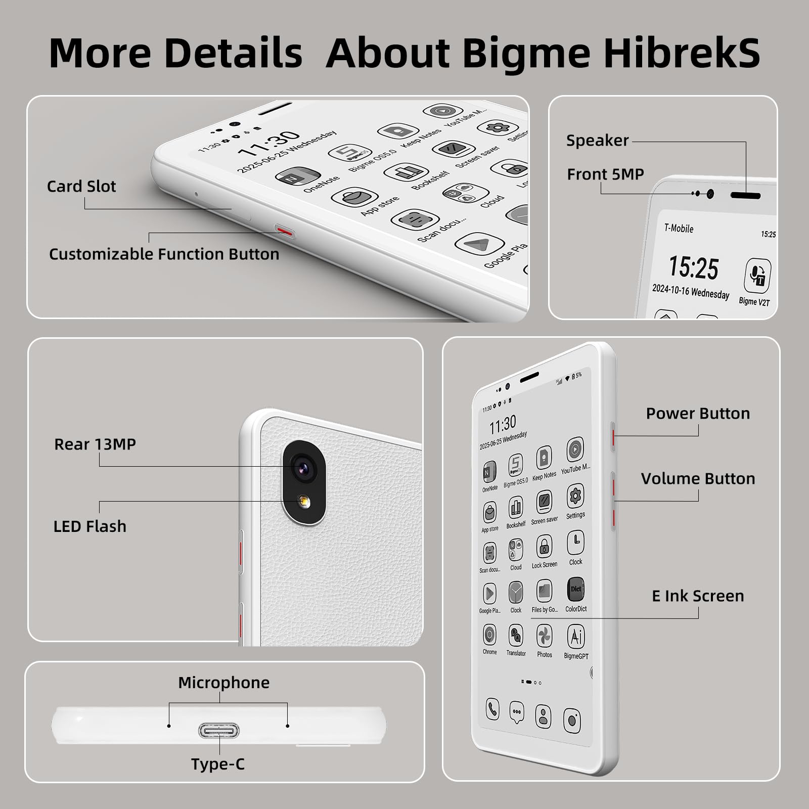 Bigme HiBreakS Epaper Smartfon 5,84", 6 GB + 128 GB, 8-rdzeniowy procesor, 3300 mAh, podwójny aparat, Android 14, 4G, rozszerzalny TF, czarno-biały wyświetlacz, biały