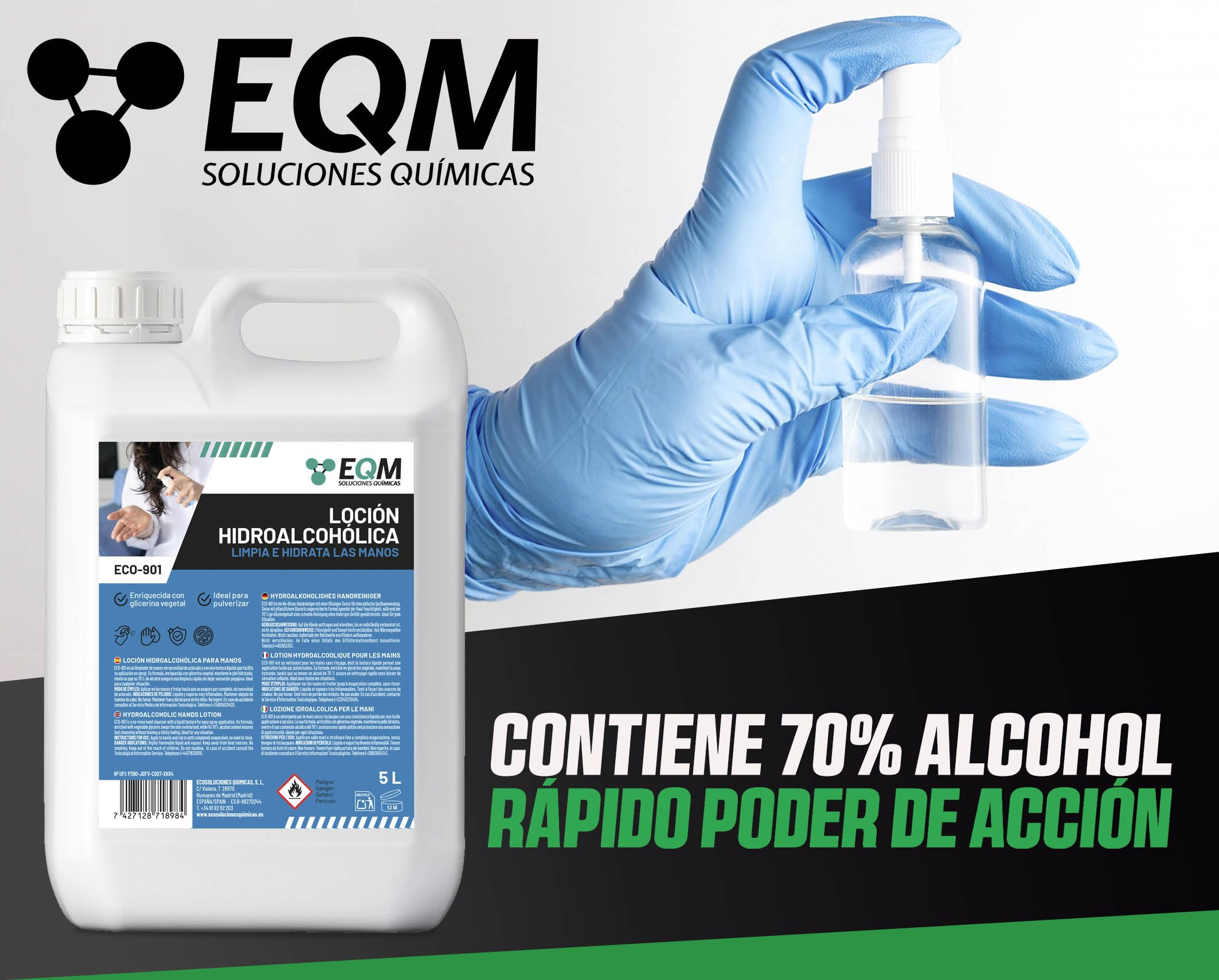 EQM - ECO-901 - Loción Hidroalcohólica para Manos - 5L - Eficacia Certificada por Laboratorio - Limpieza e Hidratación Profunda - Fórmula con Alto Contenido en Glicerina
