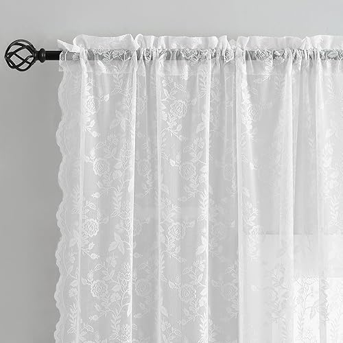 Miniatura 2 de FINECITY Cortinas de encaje blanco de 54 pulgadas de largo para dormitorio, juego de 2 paneles de cortinas traslúcidas de encaje con patrón floral