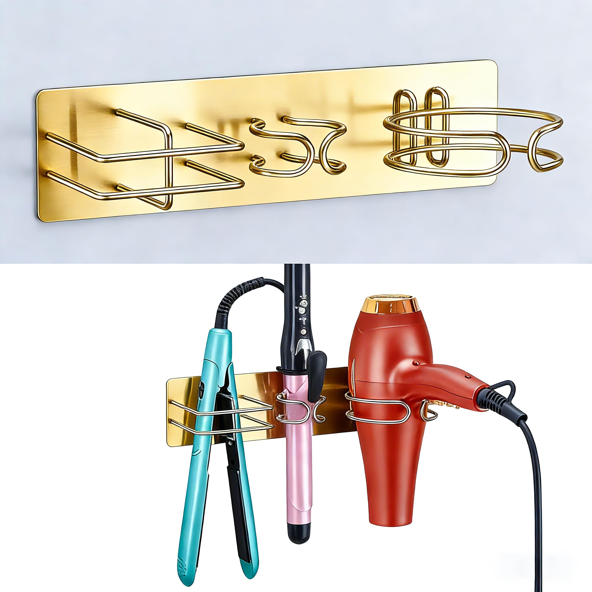 YYBO Hair Dryer and Straightener Holder Wall Mount Hair Dryer Holders, 3 in 1 Bathroom Hair Tool Organiser for Curling Iron, Straightener Hairdryer Holder Adhesive (Gold)