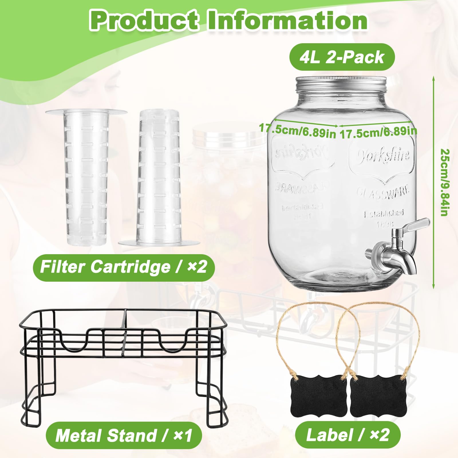 Dispensador de bebidas de vidrio 4L, 2 unidades con grifo, soporte metálico y tubo para hielo - Jarra para jugo agua fiestas bodas, camping