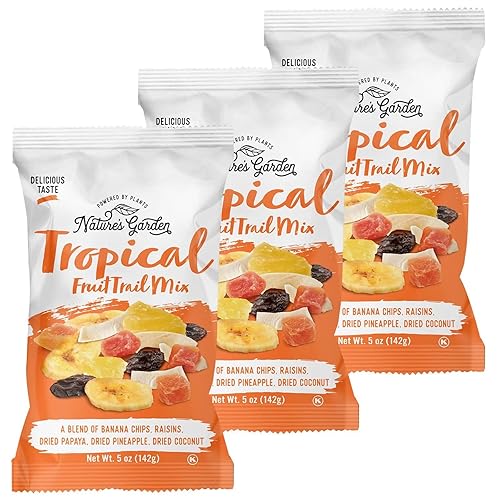 HEB Nature's Garden - Mezcla de frutos tropicales (mezcla de chips de plátano, pasas, papaya seca, piña y coco) 5 onzas (paquete de 3), 5.0 onzas