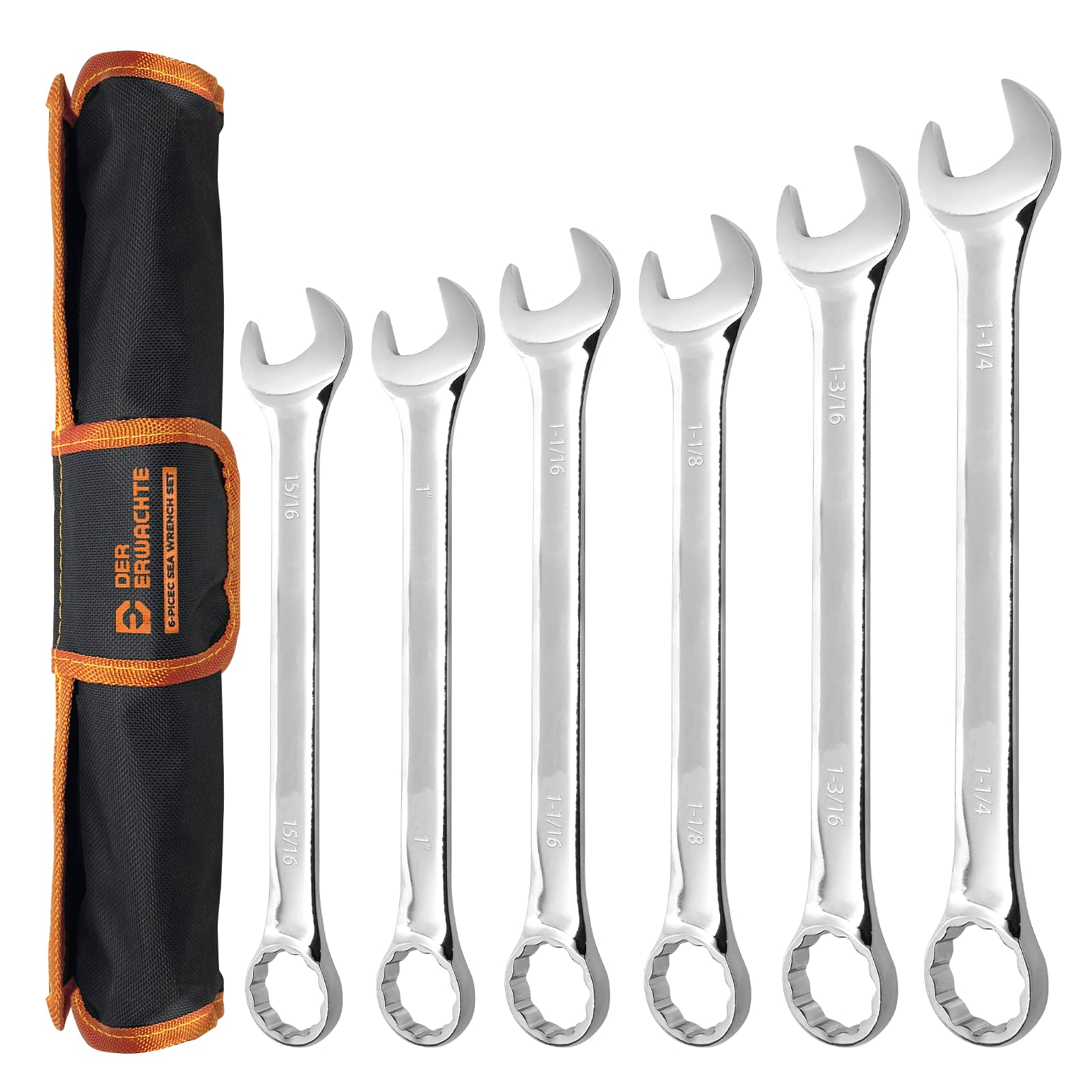 Der Erwachte Large Wrench Set with Rolling Pouch, SAE, 6-Piece, 15/16?, 1?, 1-1/16?, 1-1/8?, 1-3/16?, 1-1/4?, 12 Point, Chrome Vanadium Steel