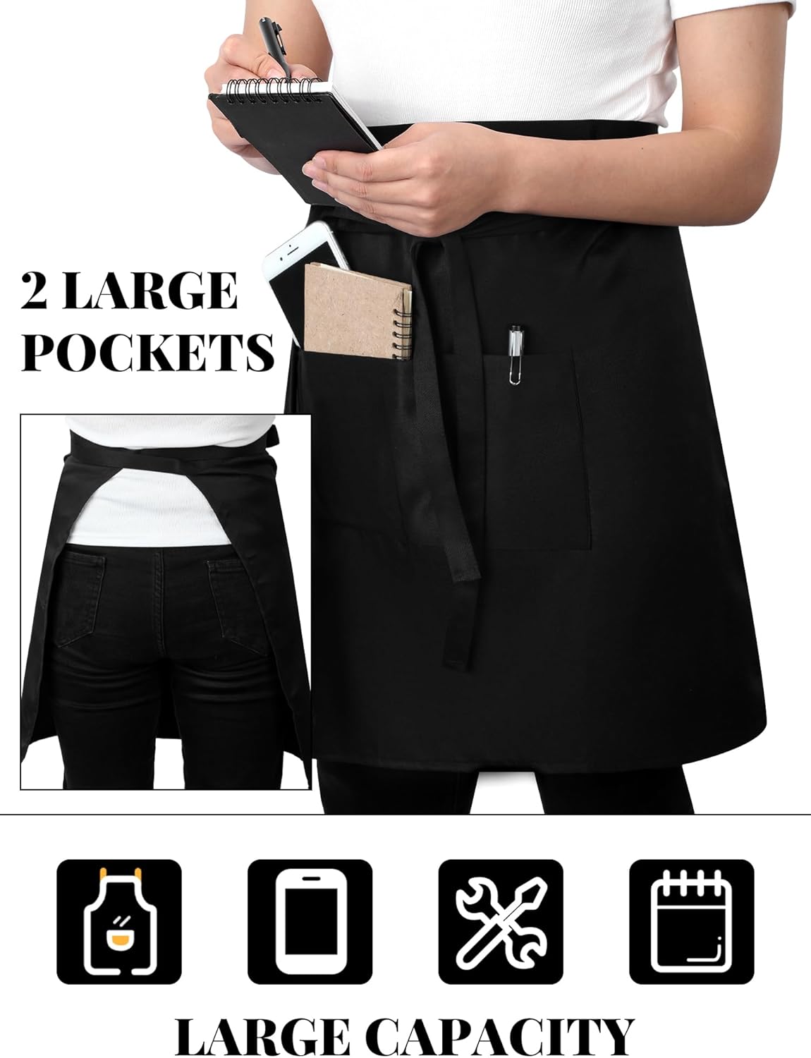 Cuffbow 8 Pack Half Bistro Aprons Black Unisex Half Server Apron with 2 Pockets Extra Long Waist Front Ties Waterproof Accessories for Men Women Server Waiter Waitress Chef - Image 3