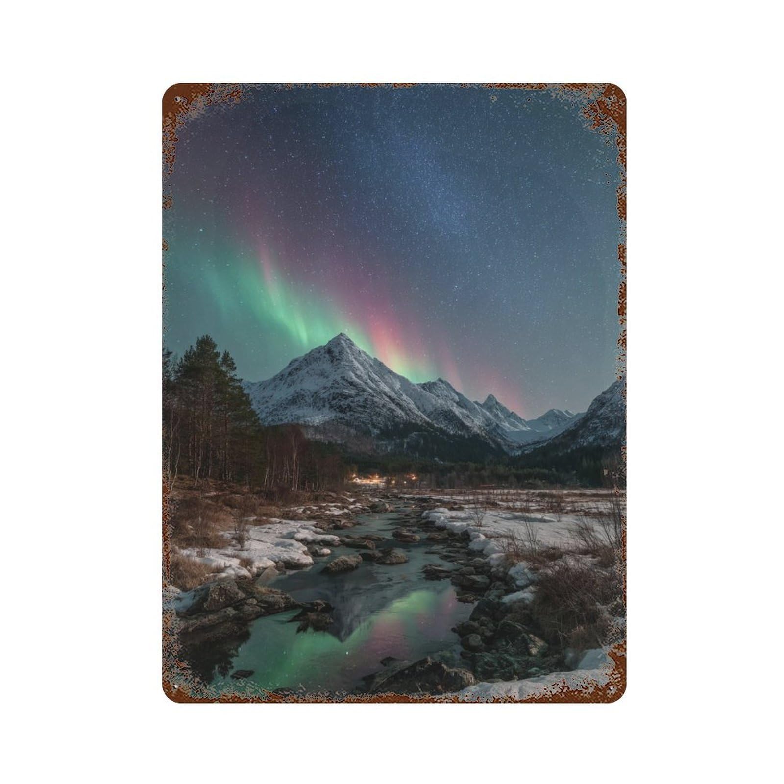 Aurora Borealis Over Snowy Mountains Distressed Metal Wall Sign 15.7"x11.8", Ideal for Garage, Bar And Workshop Decor