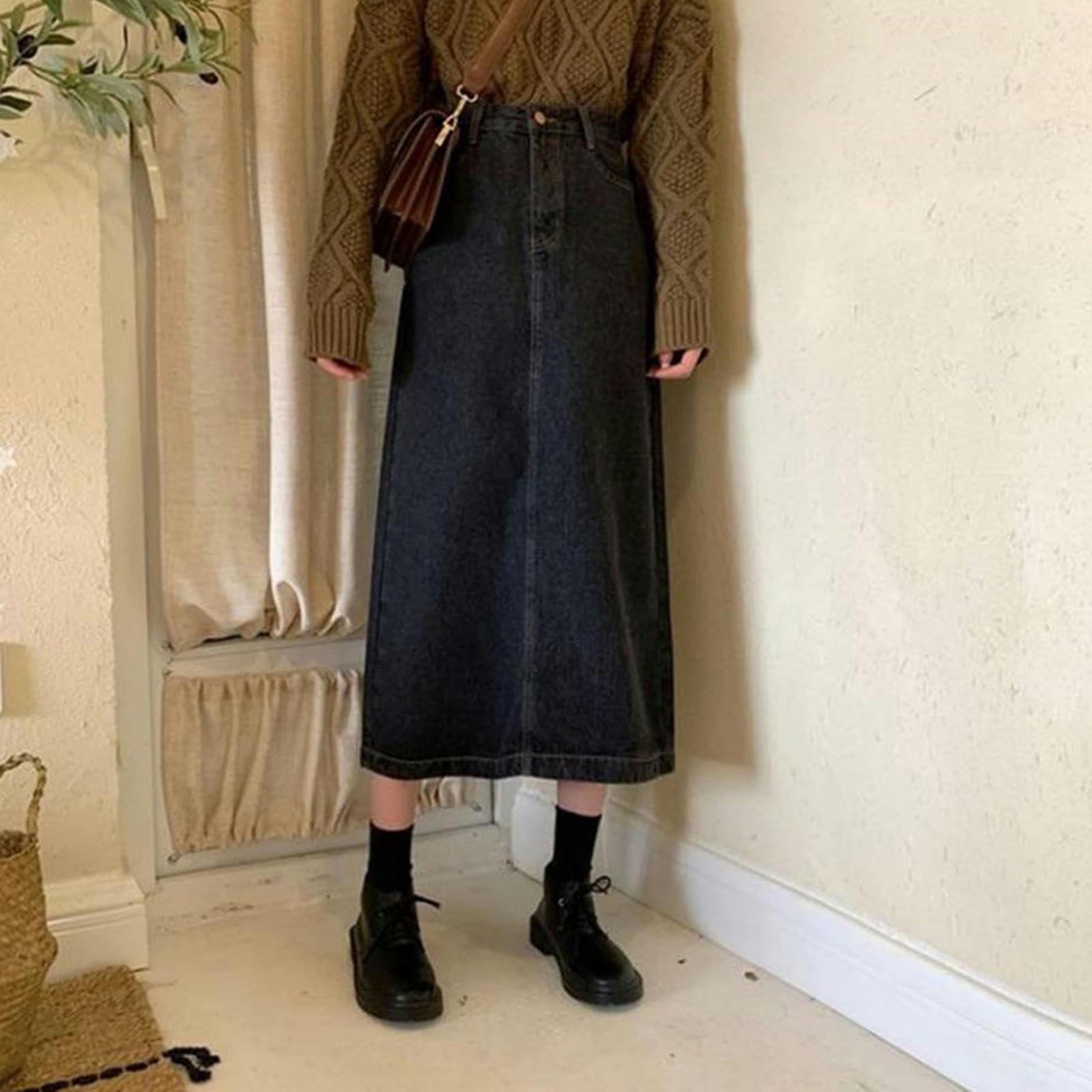 TEidea Spódnice damskie, klasyczna, z wysokim stanem, dżinsowa spódnica midi dla kobiet, ponadczasowa, inspirowana stylem vintage