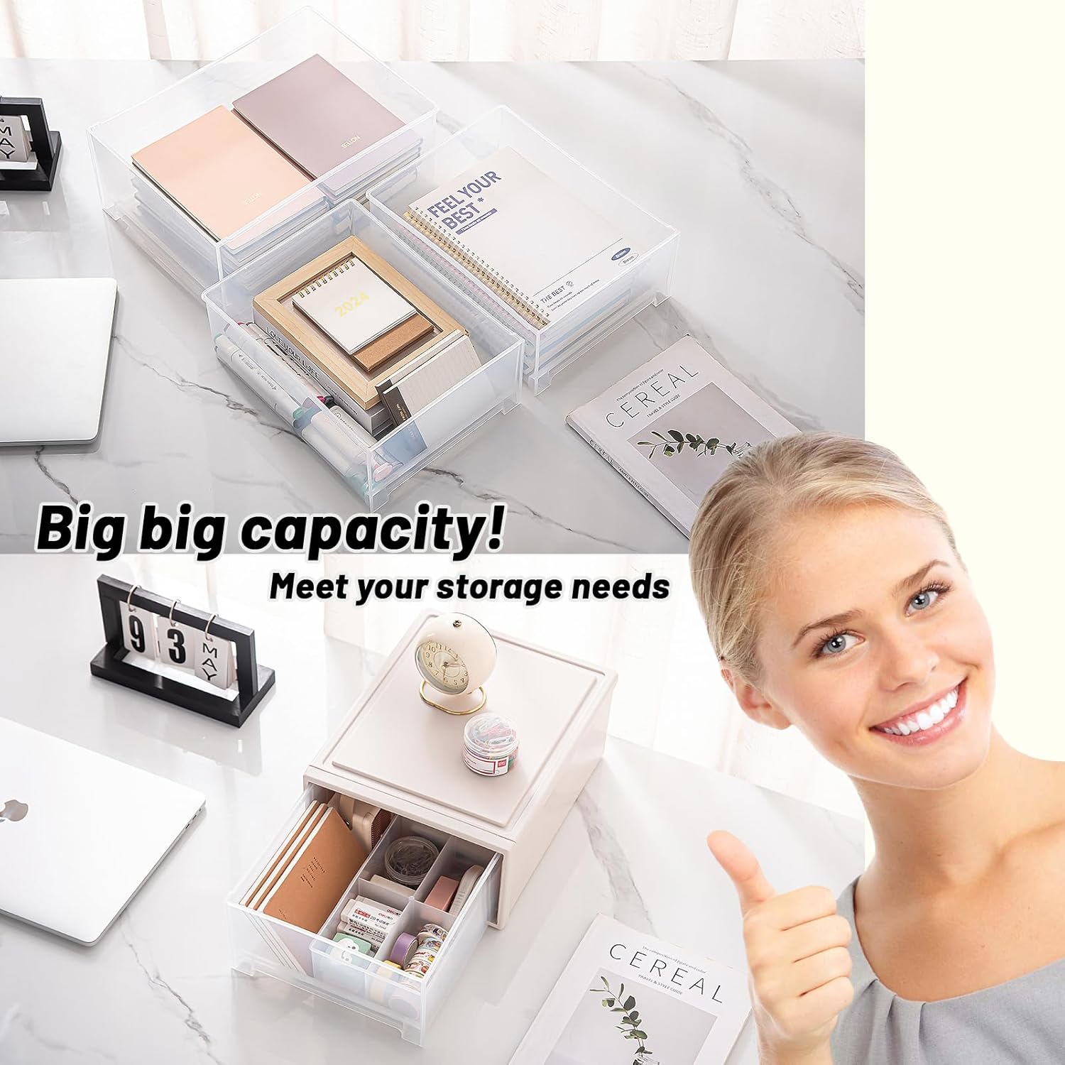 9qt+16qt Stackable Translucent Drawer Organizers,desktop organization，(2M+2L)，with 2 Dividers for Neat Categorization, Durable, Multi-Purpose Desktop，Wardrobe Storage，pet supplies