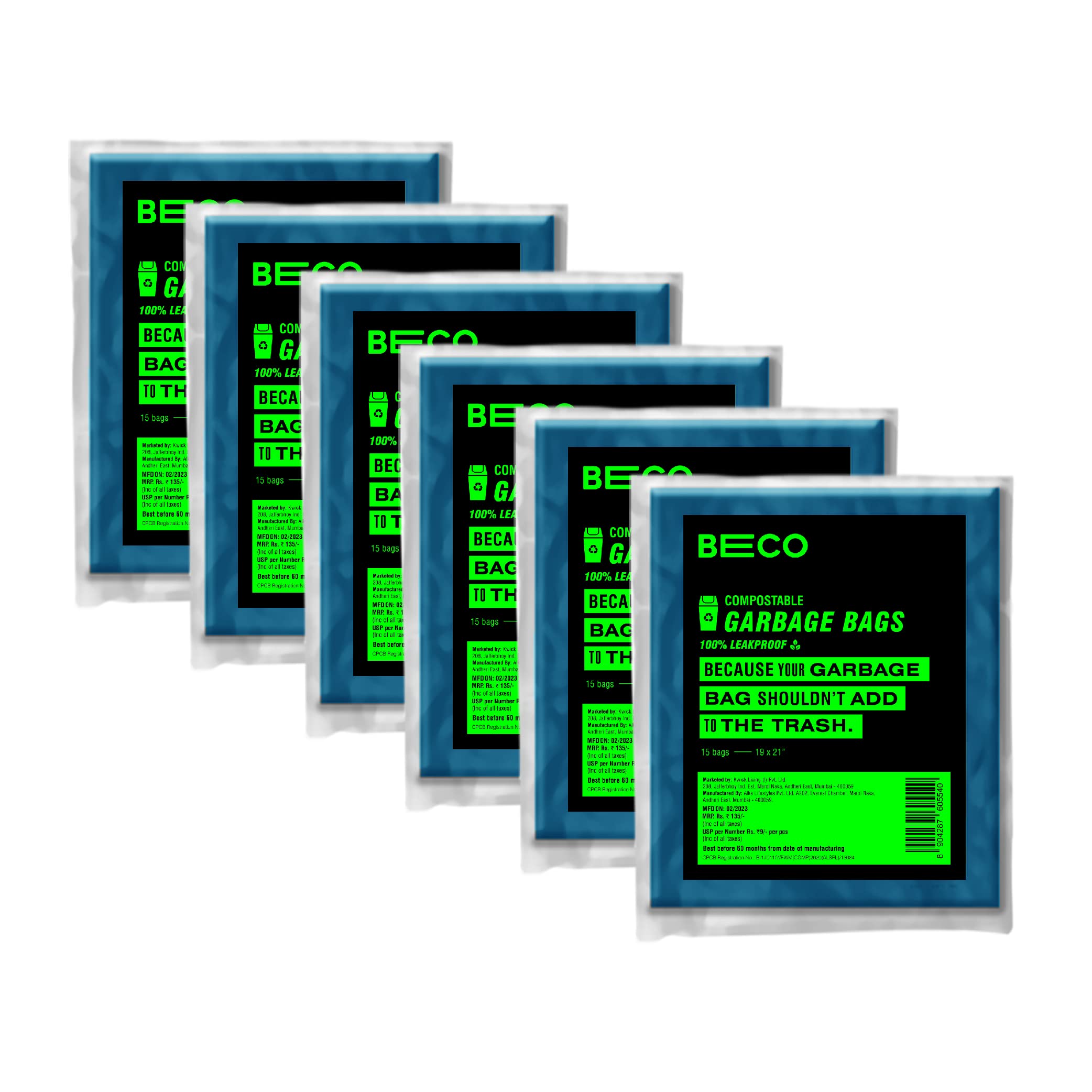 BecoBeco Eco Friendly Flat Compostable Blue Garbage Bags for Dustbin | 90 Pcs | Medium 19 X 21 Inches | Pack of 6 | Biodegradable