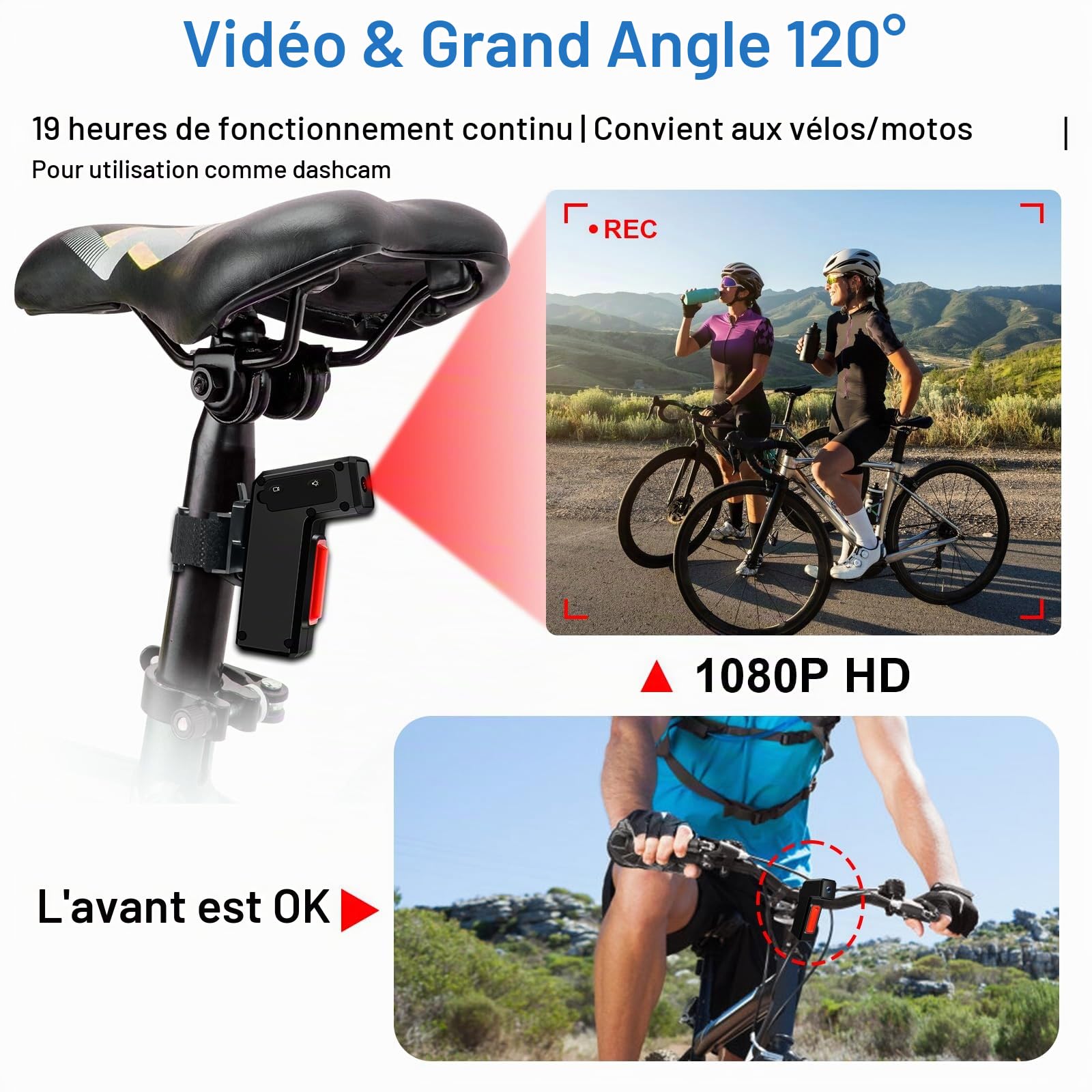 Caméra Vélo Arrière 1080P 120° 19h IPX3 avec feu, Dashcam pour Vélo/Moto