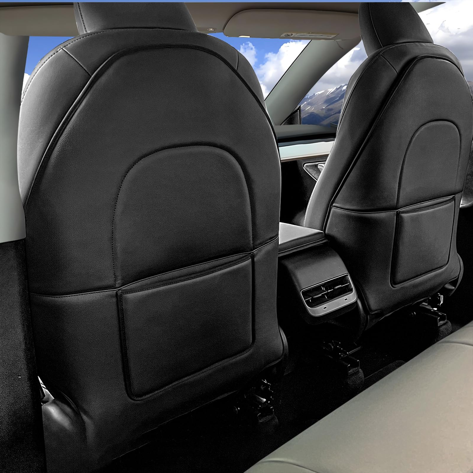INFIVITA Automotive Seat Back Protector for Tesla Model 3/Y (2017-2025) - Waterproof Leather Kick Mat with Storage Pocket