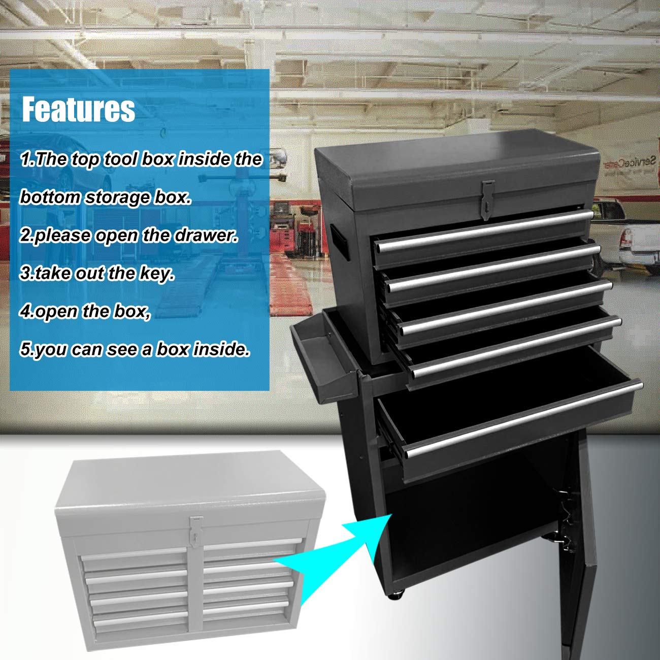 ZAZA 5 Drawers Large Tool Box and Rolling Tool Chest, Lockable Tool