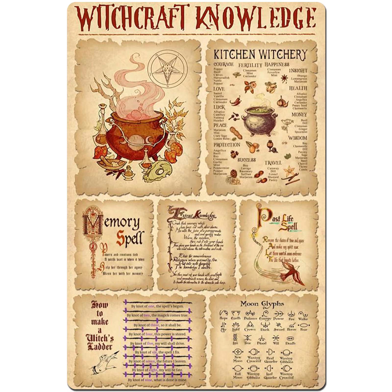 Witchcraft Knowledge Kitchen Witchery Poster Vintage Home Decor Poster Decor Poster Wall Art Tin Sign Decor Metal Sign Poster 8X12 Inches