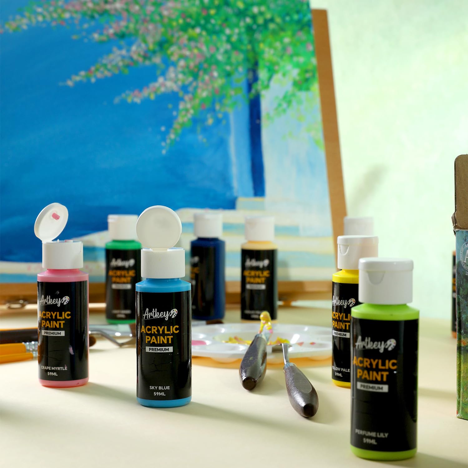 Artkey Acrylic Paint Set, 24 Colors 2 oz/59 ml Acrylic Paint Kit for Professional Artists & Beginners – Craft & Art Supplies for Canvas, Wood, Fabric, Rock, Leather, Ceramic, Glass, Easter Egg: Summer 16 Colors