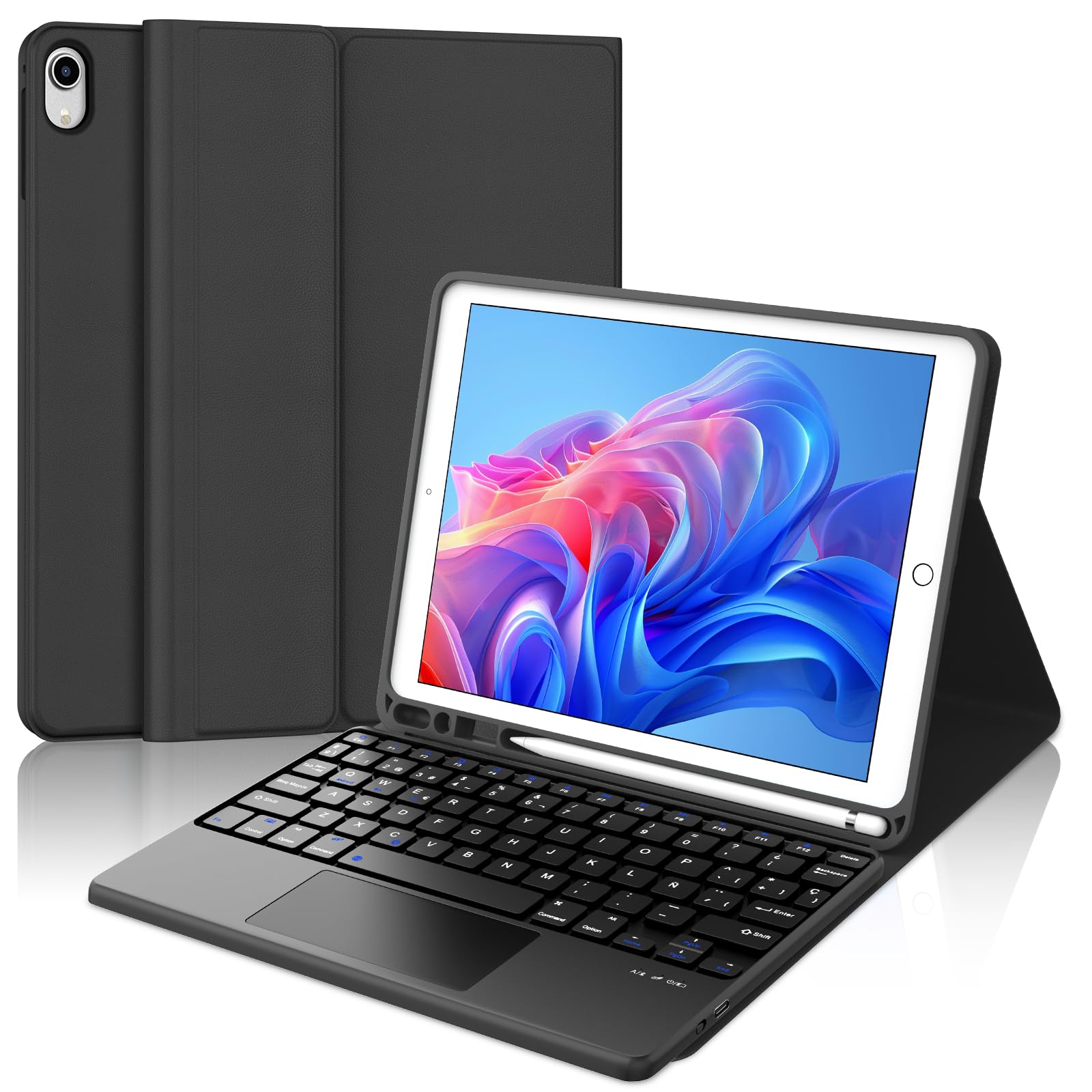 Funda Teclado para iPad 9.ª Gen 2021/8.ª Gen 2020/7.ª Gen 2019/iPad Pro 10.5 2017 y iPad Air 3 2019, Teclado Bluetooth Desmontable con Trackpad y Portalápices para iPad 10.2/10.5 Pulgadas-Negro