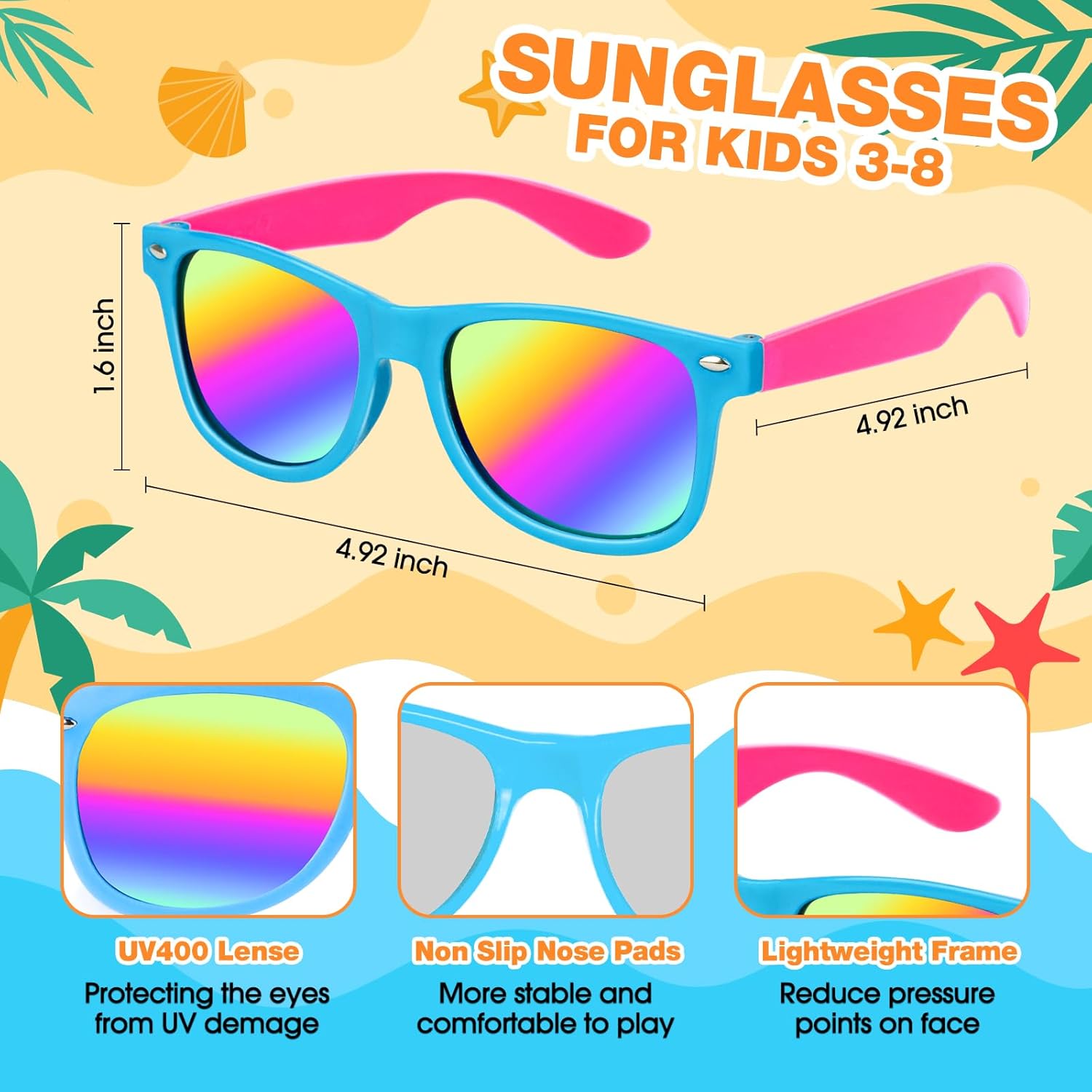 Gifts2U Kids Sunglasses Bulk Party Favors for Kids Ages 3-8, 48 Pack Rainbow Neon Sunglasses for Boys Girls with UV400 Protection, Birthday Pool Gifts Party Supplies.
