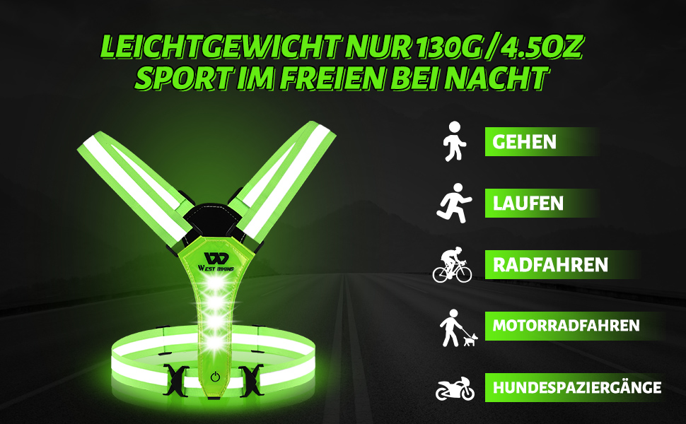 West Biking Warnweste Fahrrad Led Reflektorband Laufweste, USB aufladbar Leuchtband Joggen Reflektierende weste Leuchtweste, Elastische Einstellbar