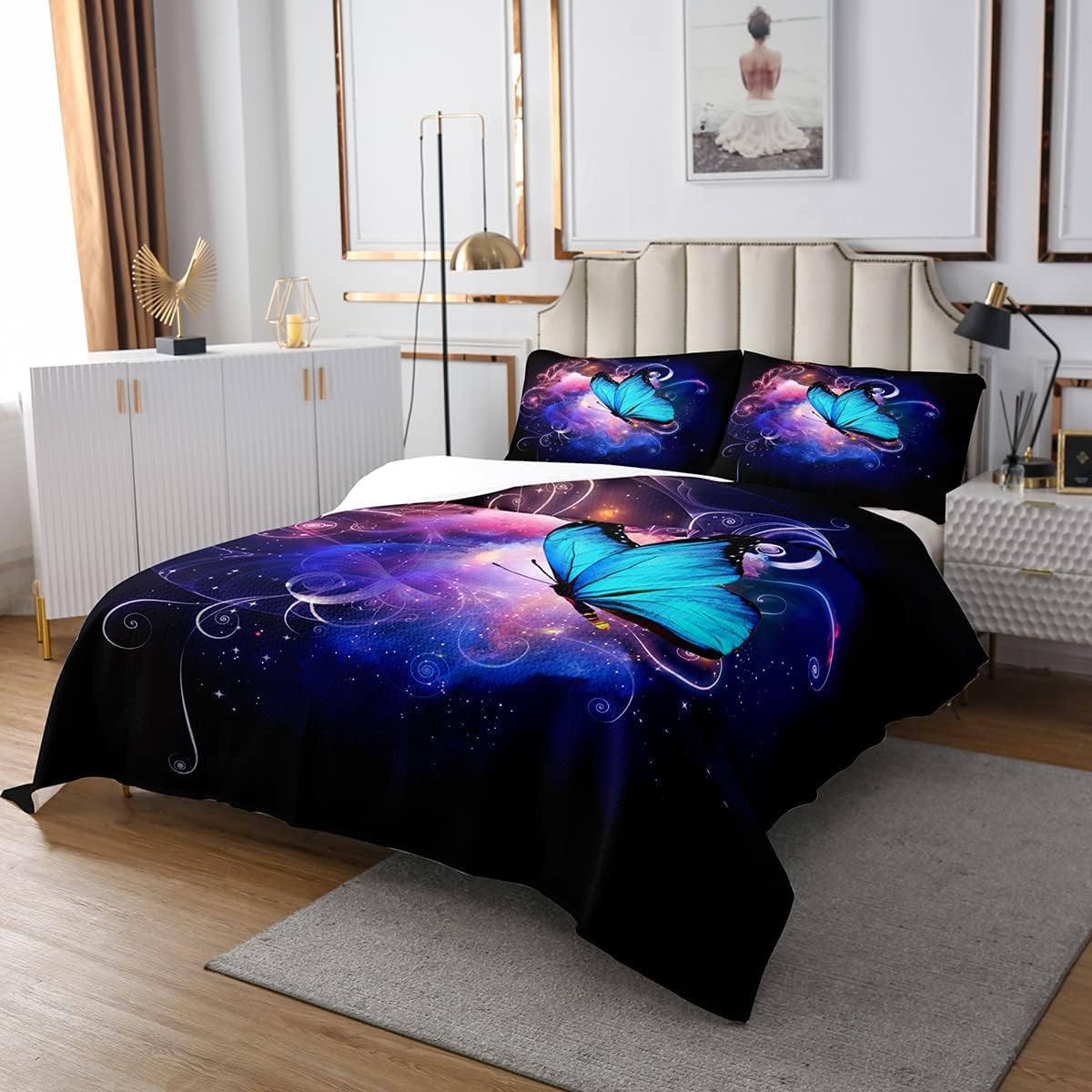 Dessus de Lit Papillon Bleu Anti-Pli en Microfibre Douce pour Lit Simple 170x230 cm Facile à Laver