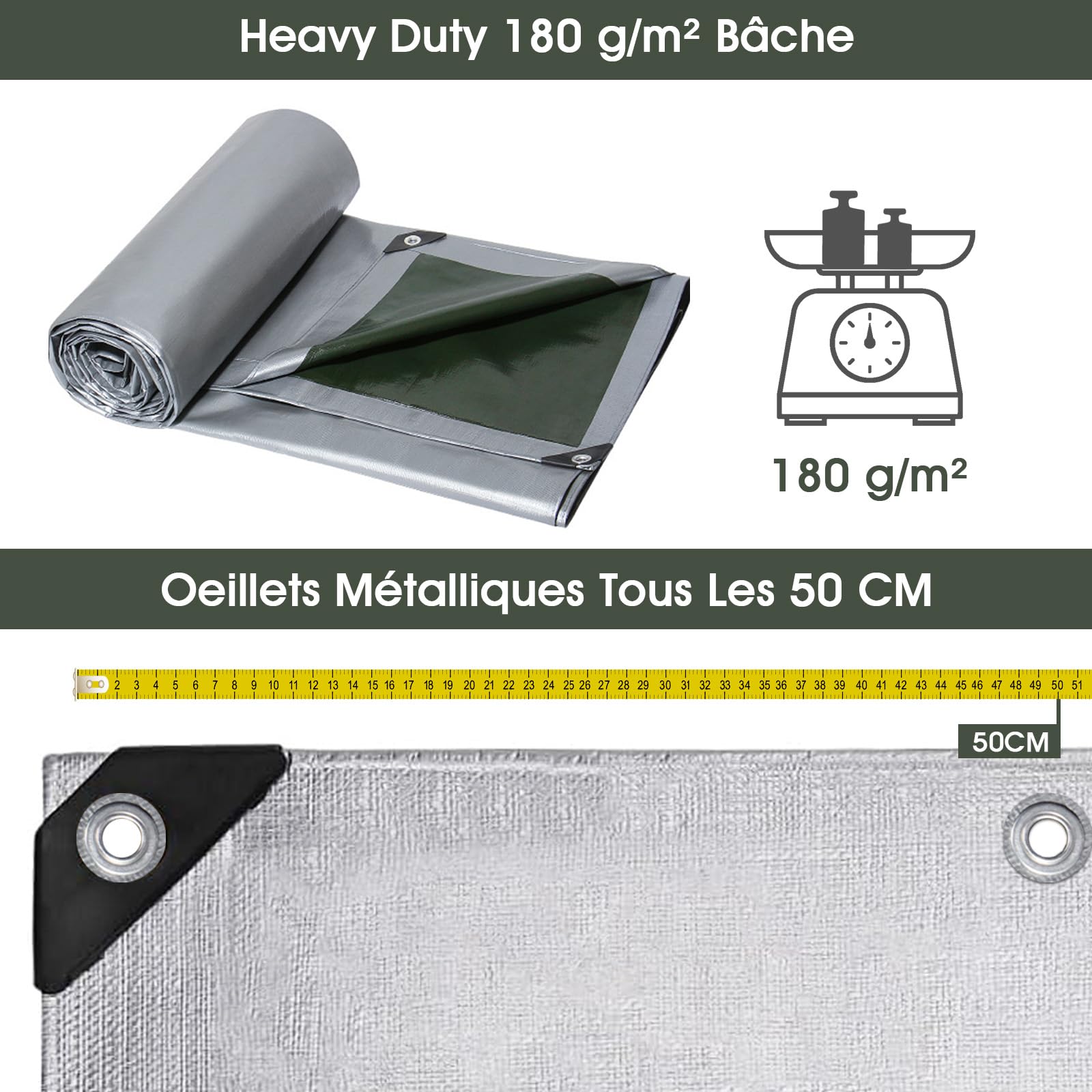 SHANNA Bâche de Protection Exterieur avec Oeillets, 2x3m 180 g/m² PE Bâche Voiture Piscine, Imperméable Résistante aux Déchirures UV Intempéries, Bâches Multiusage pour Meubles de Jardin, Vert Argenté