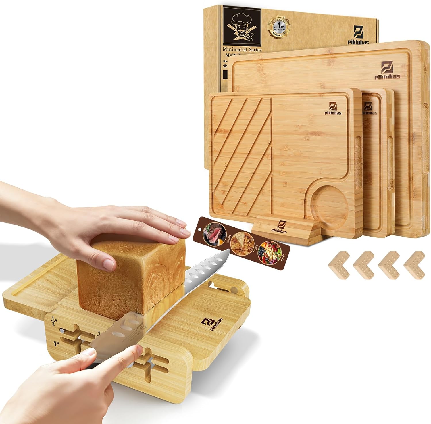 Bamboo Cutting Boards Large Set of 4 for Kitchen+Bread Slicer with Bread Knife