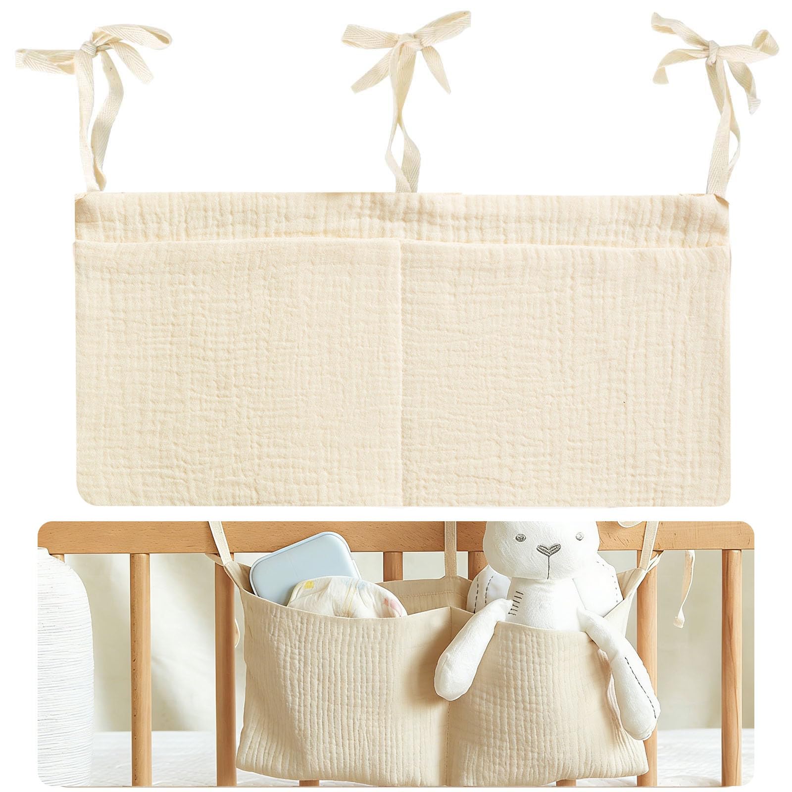 Sac Rangement pour Lit Bébé, Sac de Rangement Suspendu, Suspendu Organisateur de Couches, Rangement Suspendu Lit Bebe avec 2 Poches, pour Stocker des Vêtements, des Couches, des Jouets (Beige)
