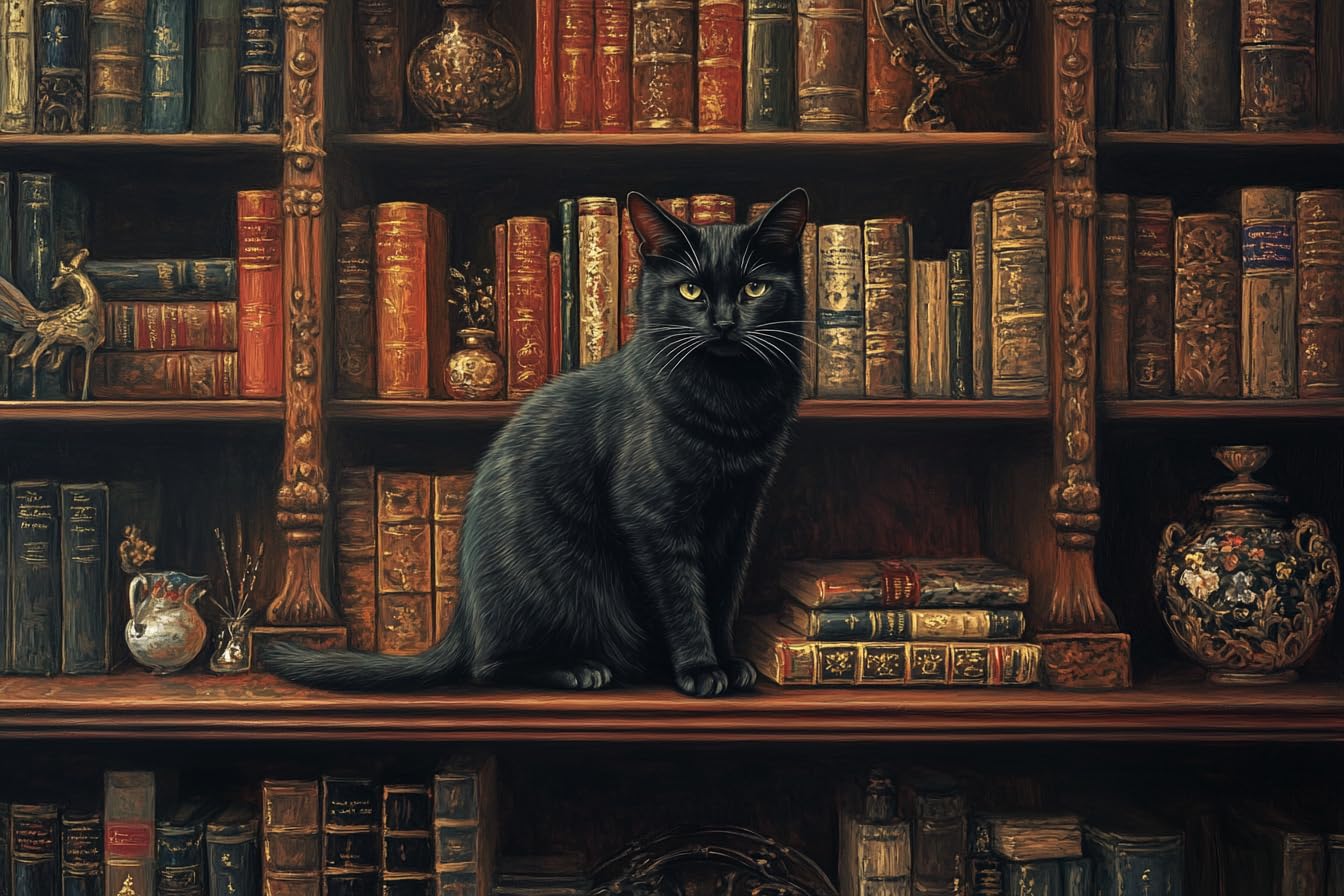 1000 Piece Black Cat Puzzle for Adults – Vintage Library Bookshelf Jigsaw, Cozy Dark Academia Aesthetic Puzzle with Gothic Cat and Antique Decor
