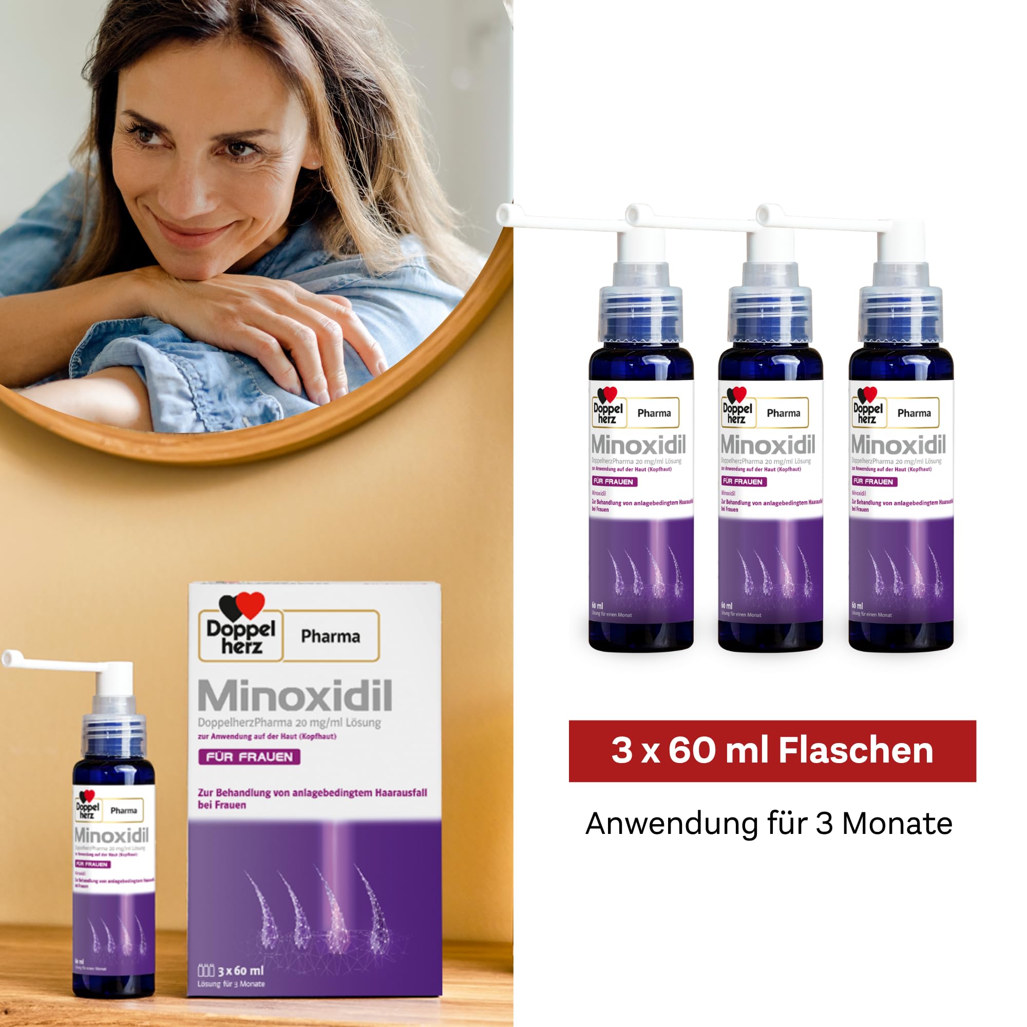 Minoxidil DoppelherzPharma 20mg/ml (2%) Lösung zur Anwendung auf der Haut (Kopfhaut) – Arzneimittel zur Behandlung von anlagebedingtem Haarausfall bei Frauen (2x3x 60ml)