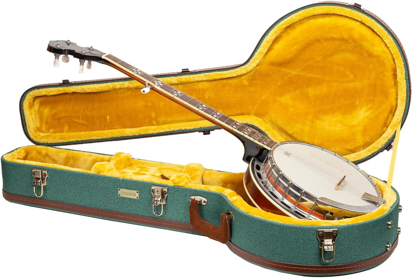 Crossrock Master Series 5-String Resonator Banjo Case | Malachite Blue Tweed Exterior, Re-Engineered Wooden Shell, Leather Handle & Gold Velvet Interior