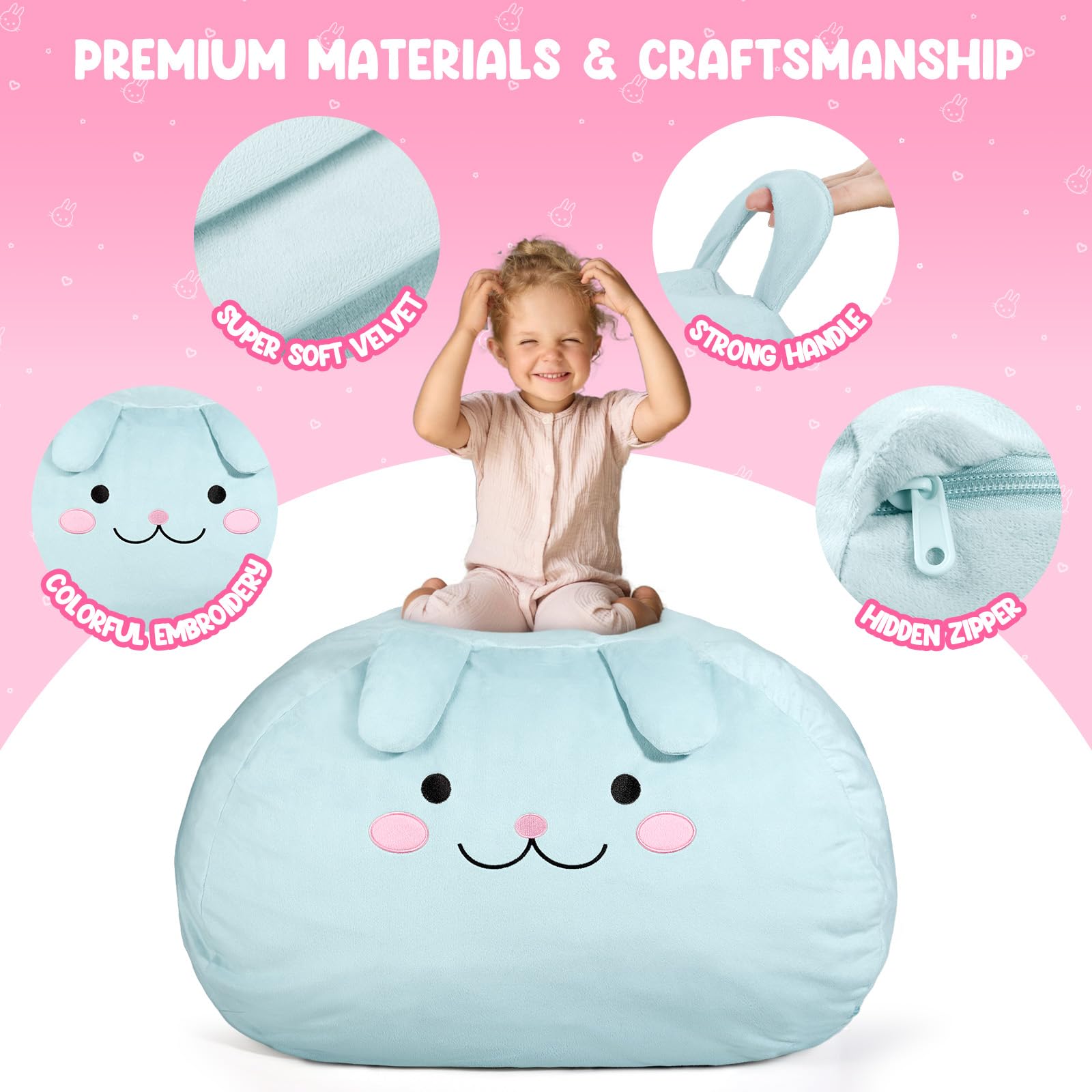 GAGAKU Saco de Almacenamiento para Peluches Conejo Azul 200L Bolsa Puff Salon XXL para Juguetes Habitación Infantil Gran Saco Asiento Rellenable con Cremallera de para Organizador Peluches - Azul
