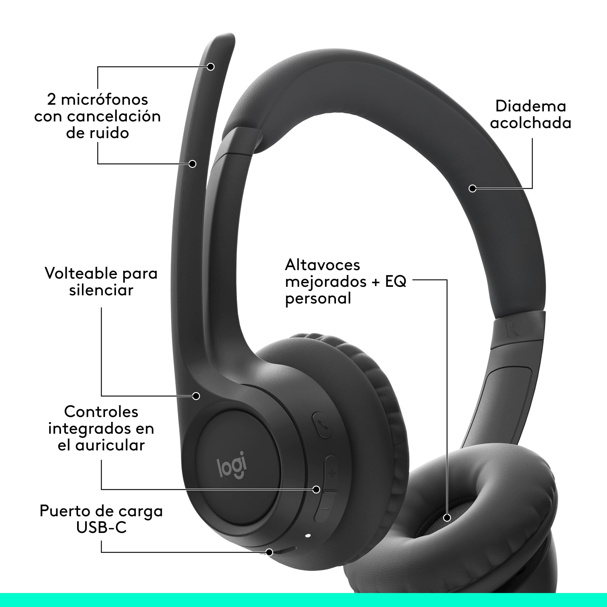 Logitech Zone 300, Auriculares con micrófono Bluetooth inalámbricos con cancelación de Ruido, compatibles con Windows, Mac, Chrome, Linux, iOS, iPadOS, Android - Negro