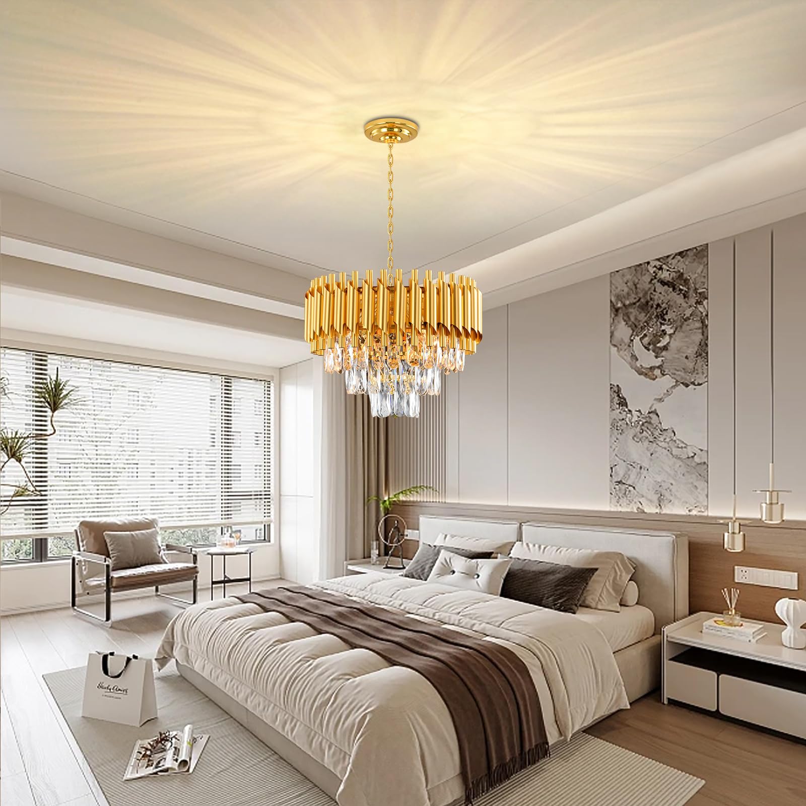 Lustre Golden Crystal Chandelier Lights, Modern Crystal Pendant Light, 3-Tier Raindrop Chandelier Light Fixture, 5xE14 lumières, pour le salon, la salle à manger, la chambre, le Restaurant, Ø40 cm
