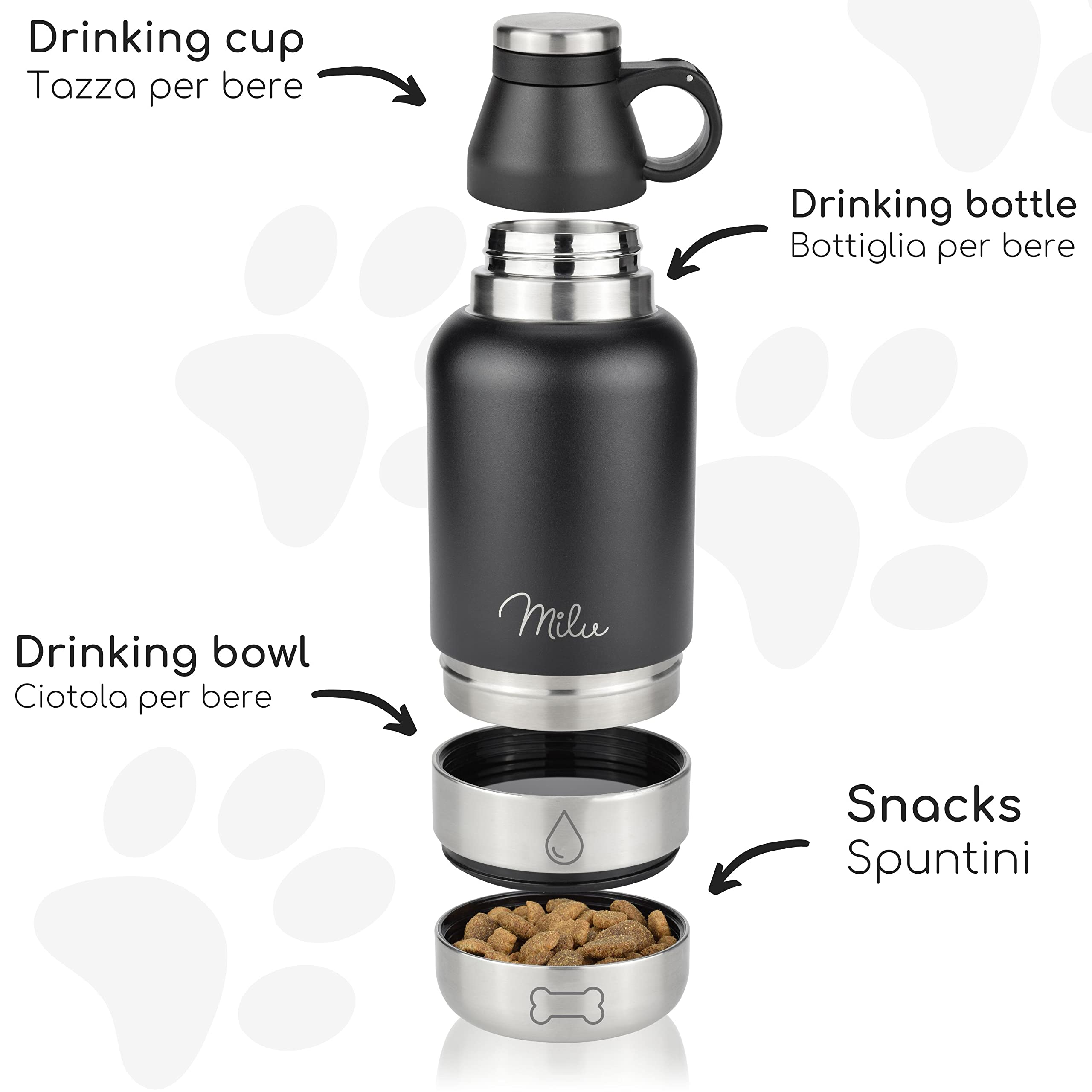 Milu Borraccia per cani da viaggio, 950 ml, con ciotola, isolata, in acciaio inox, per cani, con contenitore per cibo, ciotola, cane, escursionismo, viaggi, passeggiate