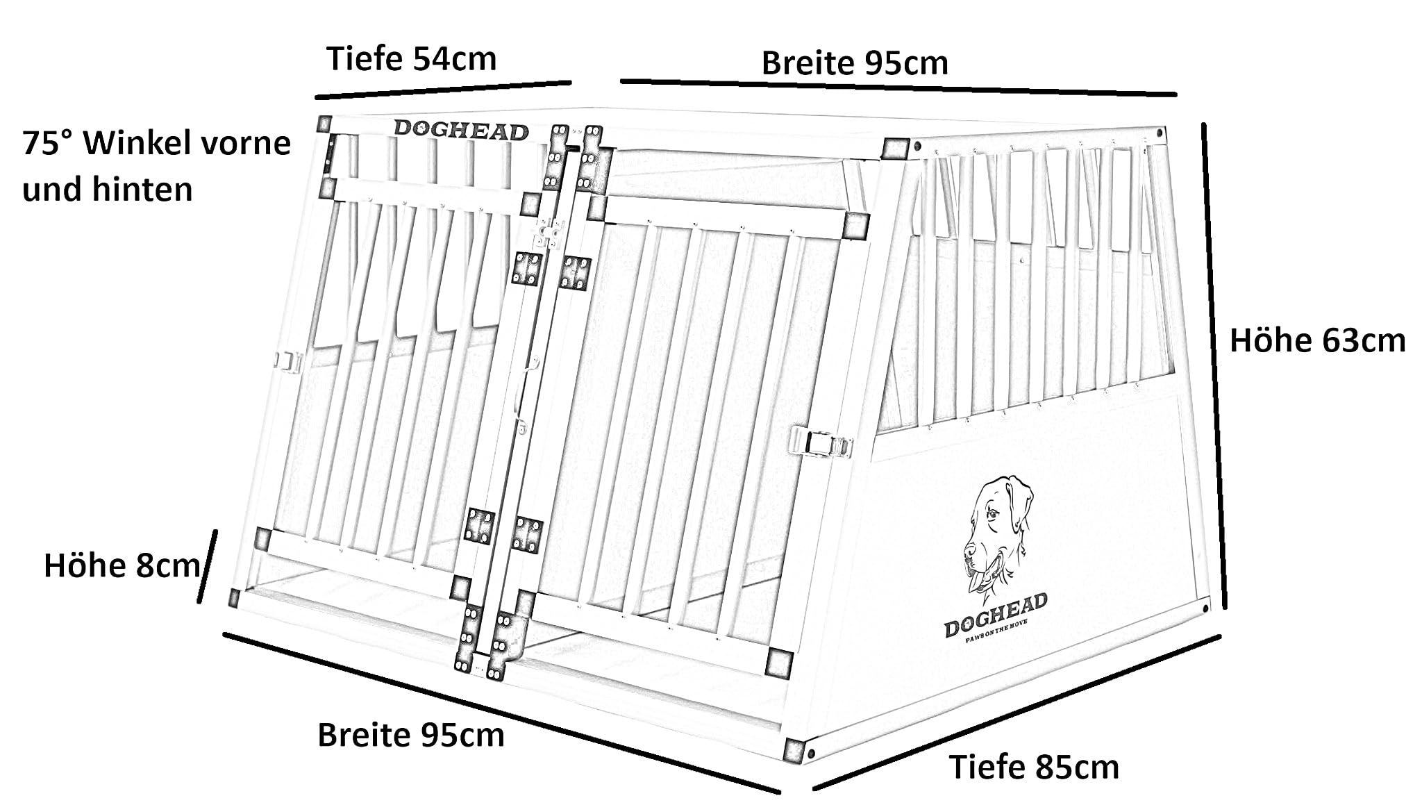 DOGHEAD Hundetransportbox Comfort, Double 95x85x63 cm DG, Schwarz, Aluminium, Beidseitig Abgeschrägt 75°, Trennwand mit Griff, Keine Kombibox