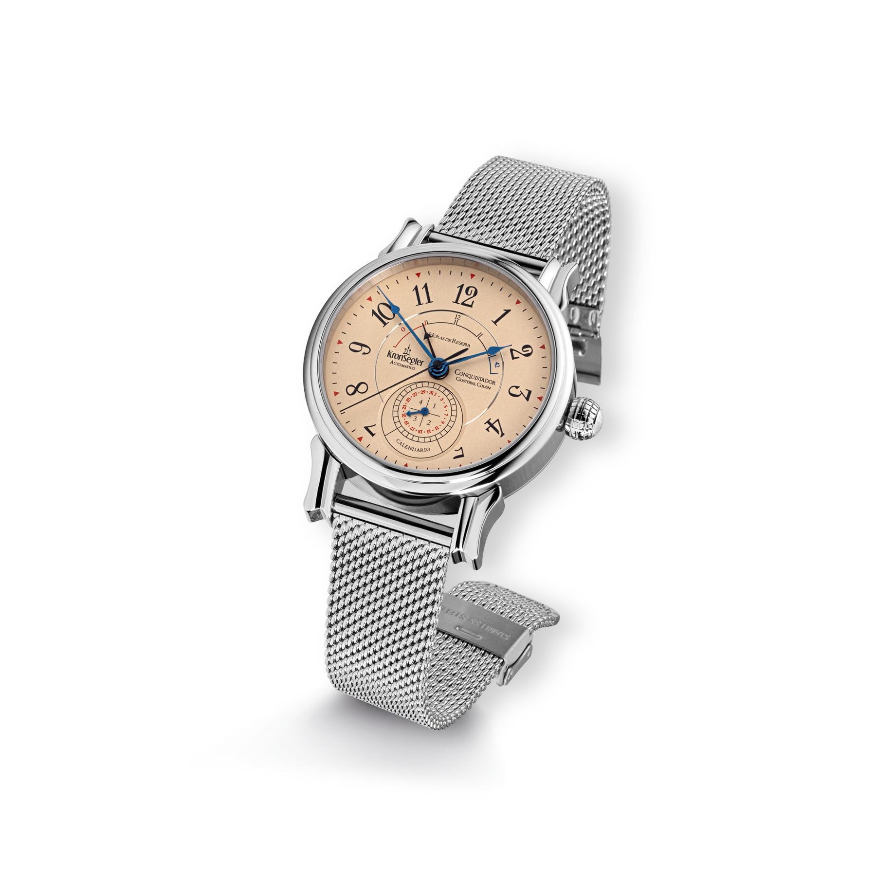 Kronsegler Conquistador Stahl - Tierra Milanaise | Automatik Herrenuhr mit Gangreserveanzeige | Saphirglas, Zeigerdatum, Milanaiseband