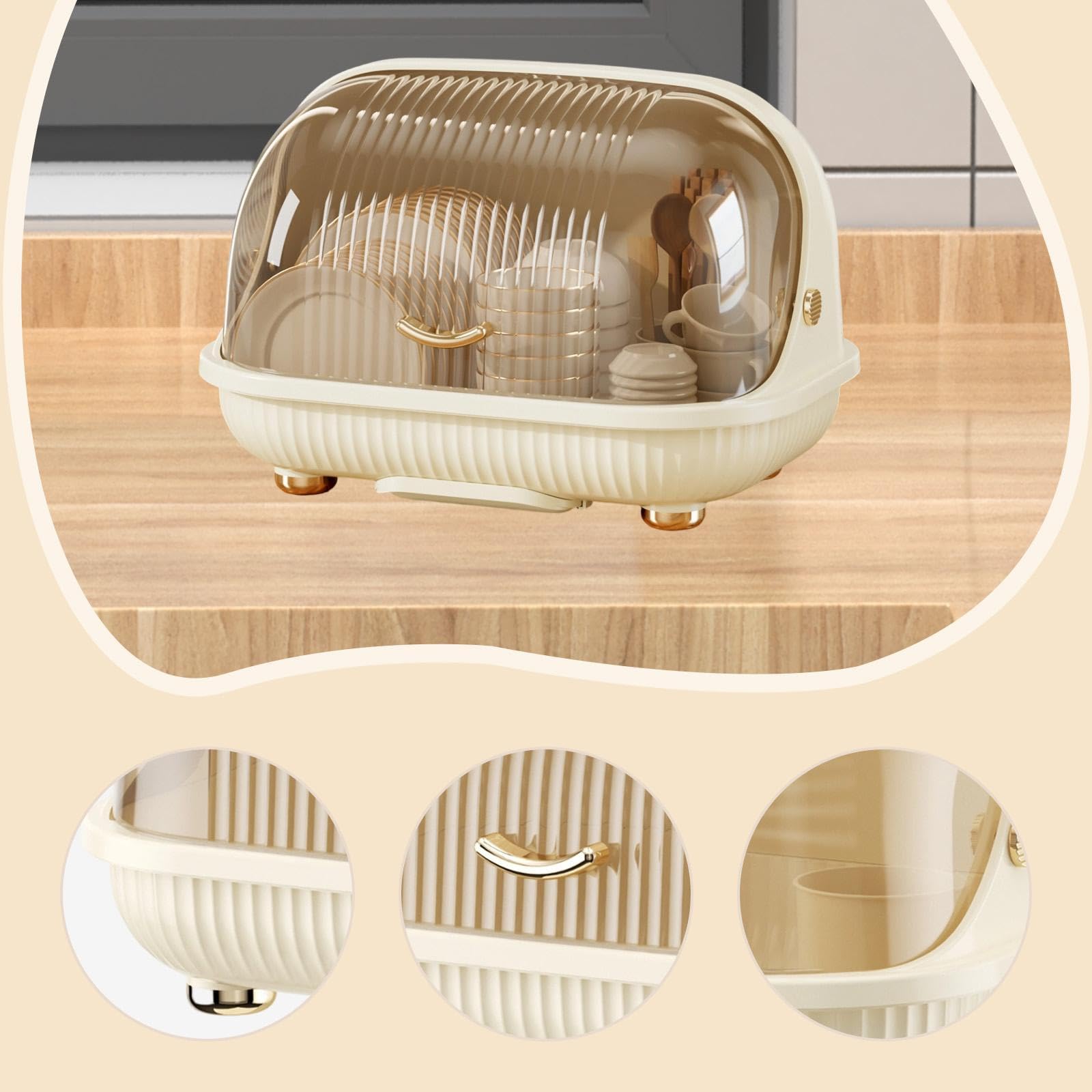 Baoblaze Boîte de Rangement Bouteille Organisateur Séchage Égouttoir Plateau Amovible Couvercle Anti-poussière pour Ustensiles Vaisselle Bébé Cuisine Rangement, S Cream