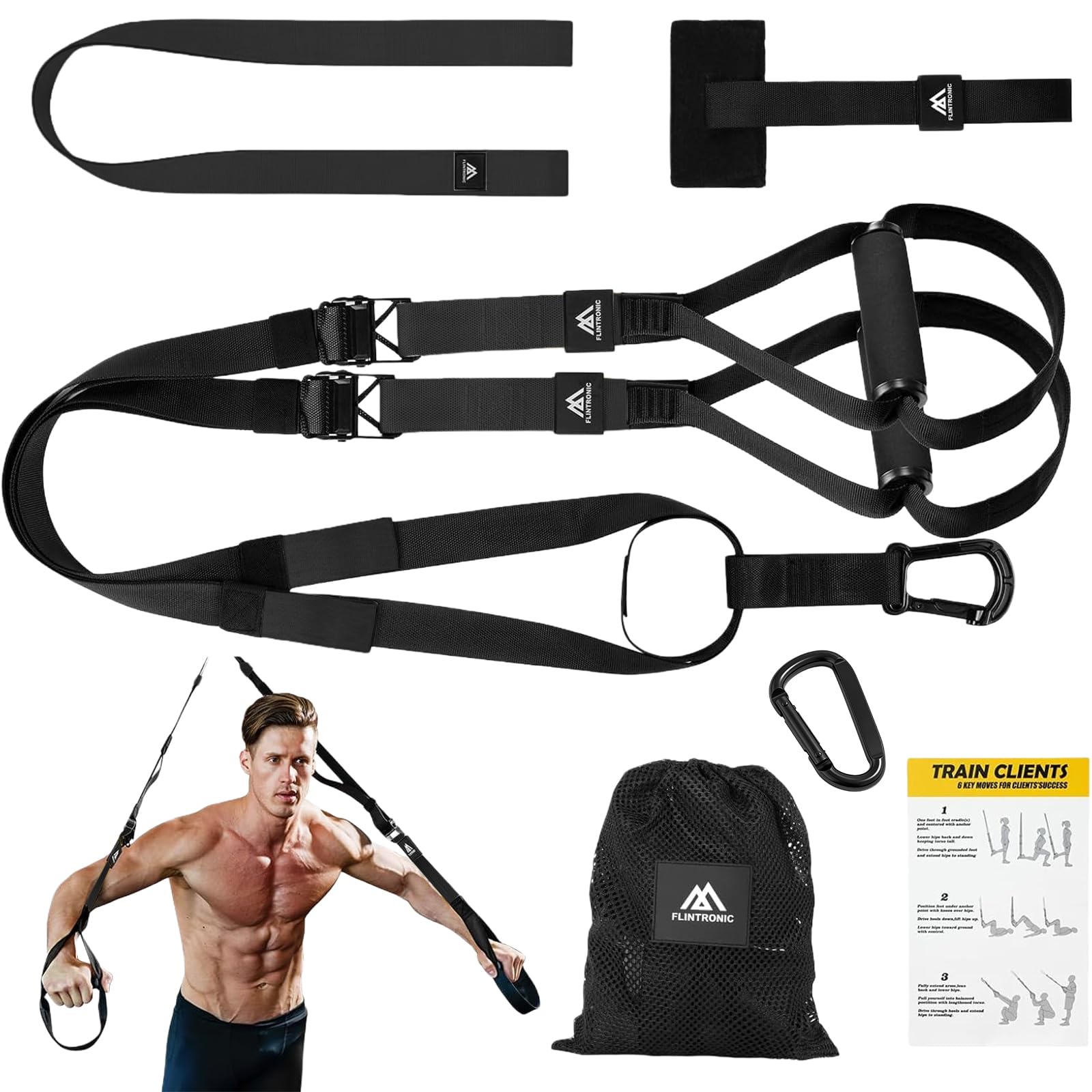 Flintronic Schlingentrainer, Sling Trainer Set für EIN Ganzkörpertraining, Schlingentrainer für Zuhaus, Schwarz