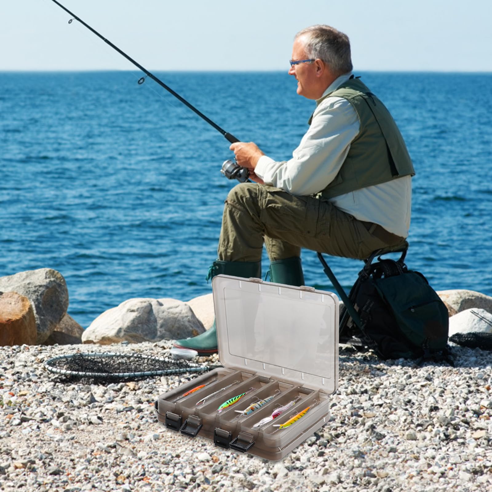 Caja de Señuelos de Pesca, Doble cara Caja de Anzuelos de Cebo de Plástico Visible Caja de Almacenamiento, Transparente Pesca Señuelo Cebo Contenedor Fishing Tackle Box, 20x17x4,7 cm