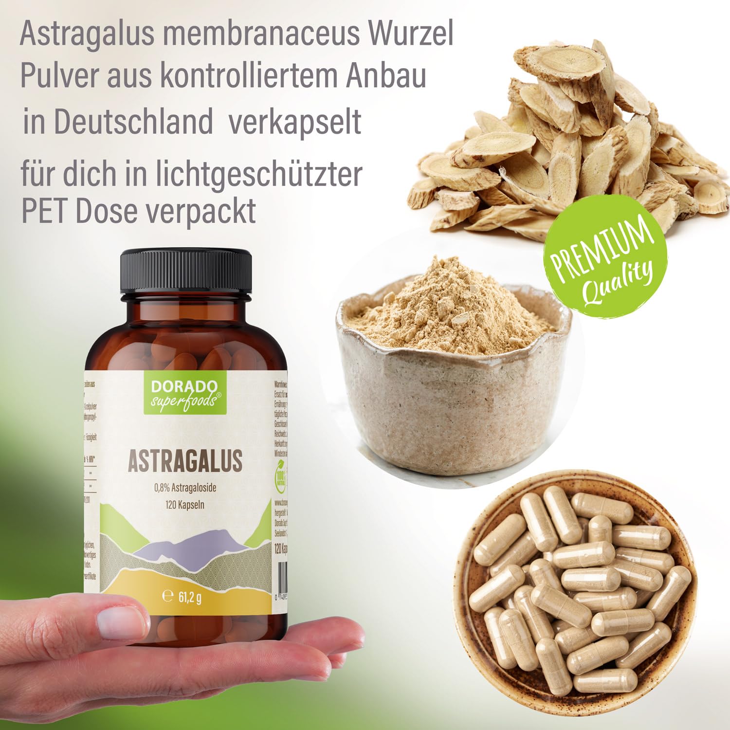 Astragalus membranaceus | 120 x Kapseln - 1640 mg Tagesdosis | Wurzelpulver - Vegi | 1 Monatspackung - Dorado Superfoods®