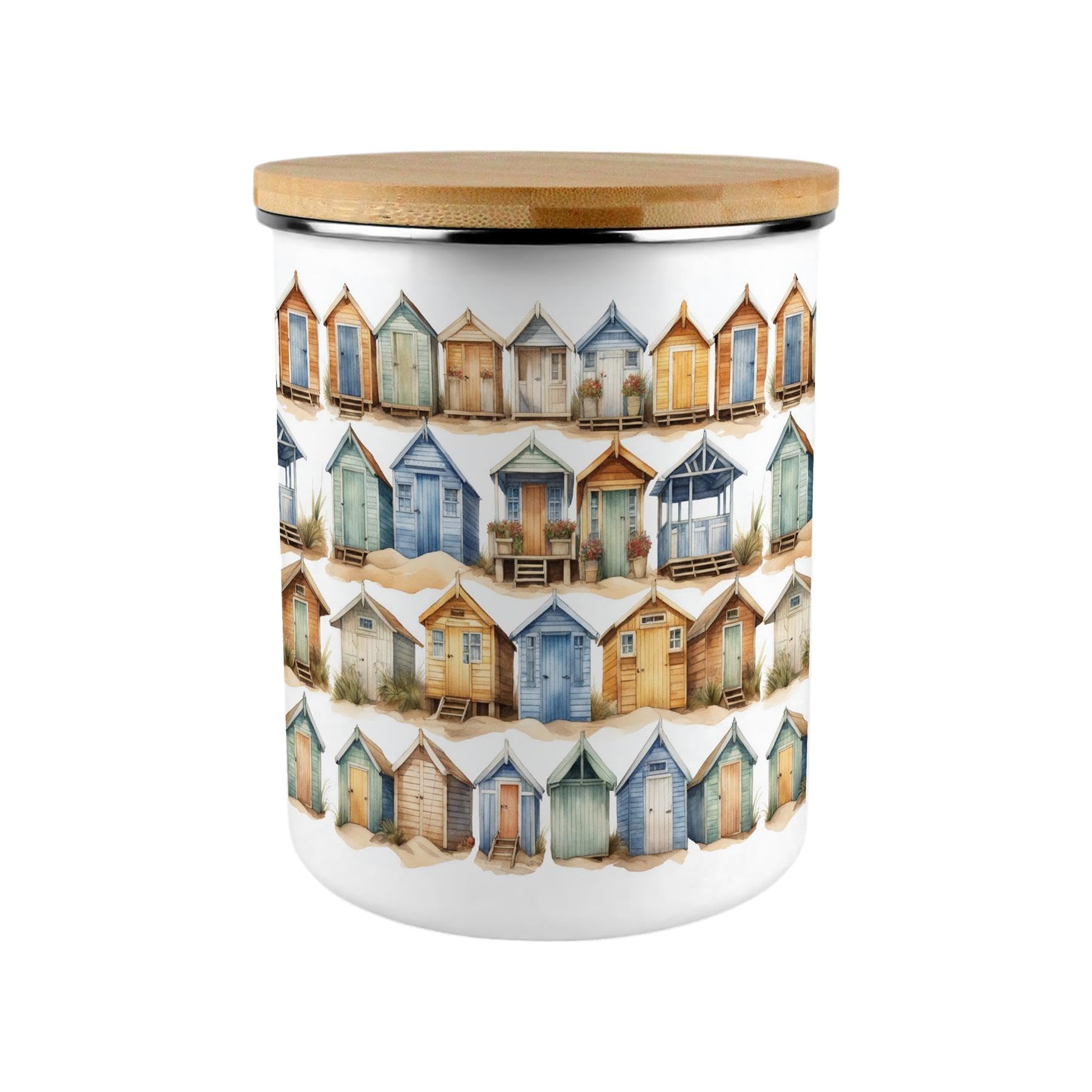 Beach Huts Storage Canister - Coastal Themed 2.7L Extra-Large Enamel Home & Kitchen Organisation Container