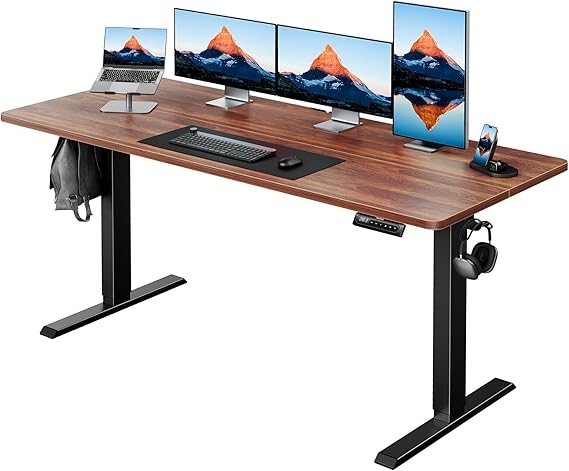 HUANUO 63" x 28" Electric Standing Desk Adjustable Height, 4 Memory Height Settings, Headphone Hook, Cable Manager, Sit Stand Up Desk for Home Office & Computer Workstation, Walnut