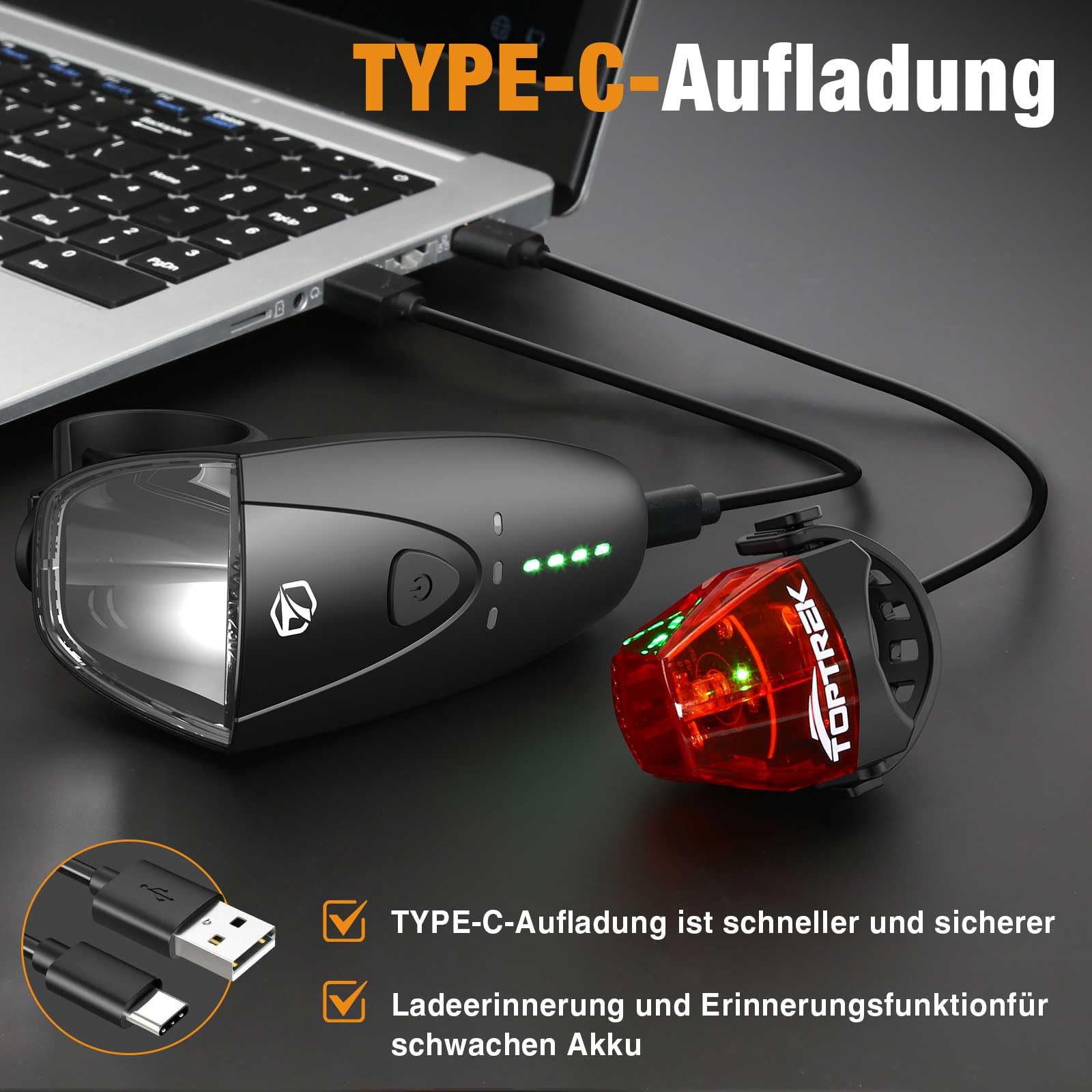 toptrek Zestaw świateł rowerowych 100 luksów, zestaw oświetlenia rowerowego, ładowany przez USB, lampa rowerowa, dopuszczona do ruchu drogowego (obowiązują przepisy lokalne), zestaw świateł rowerowych