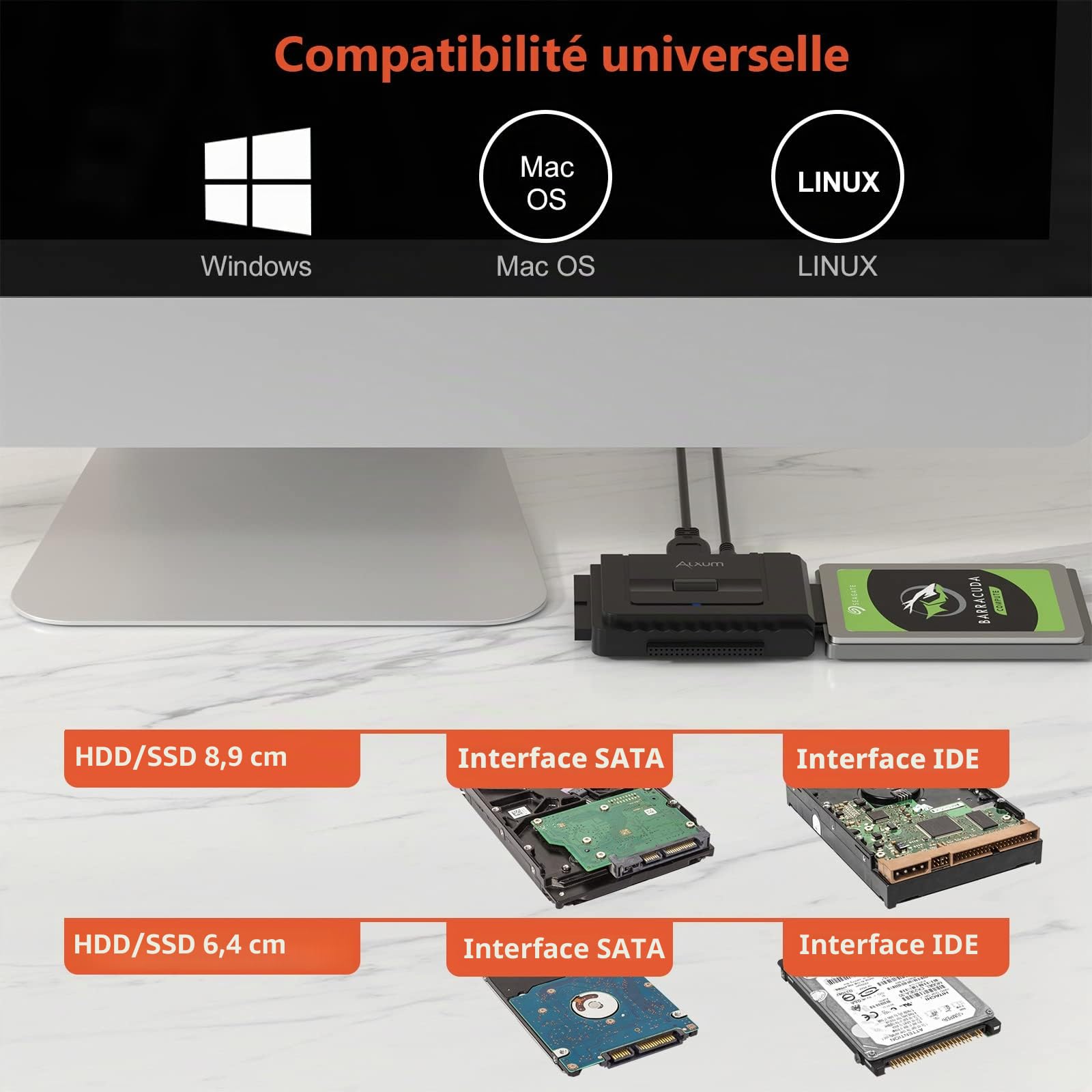 Alxum Adaptateur USB 3.0 vers IDE/SATA Disque Dur 2.5/3.5 Pouces HDD SSD avec Alimentation DC 12V 2A