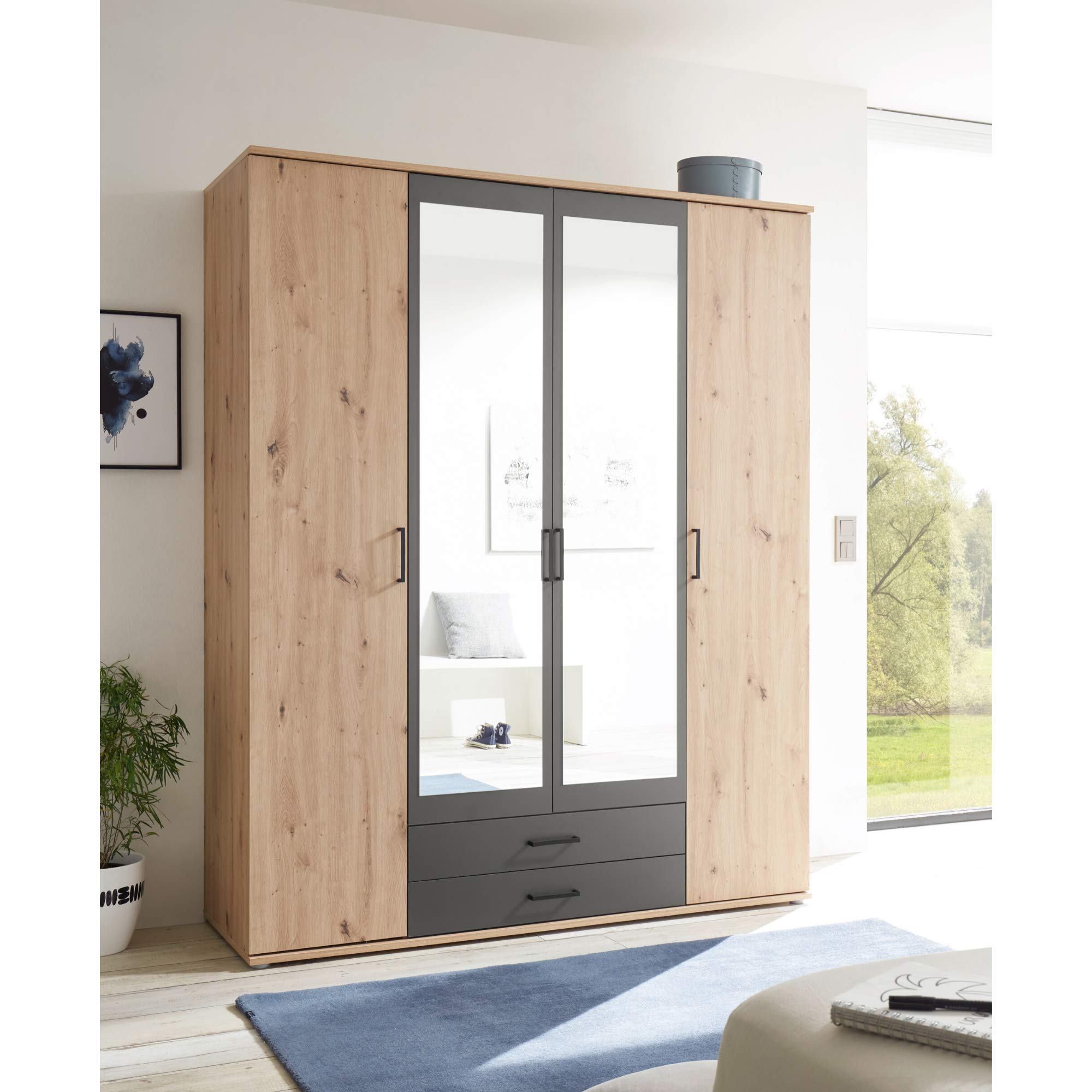 Stella Trading CHICAGO Eleganter Kleiderschrank mit viel Stauraum - Vielseitiger Drehtürenschrank in Artisan Eiche Optik und Absetzungen in Anthrazit - 156 x 197 x 54 cm (B/H/T)