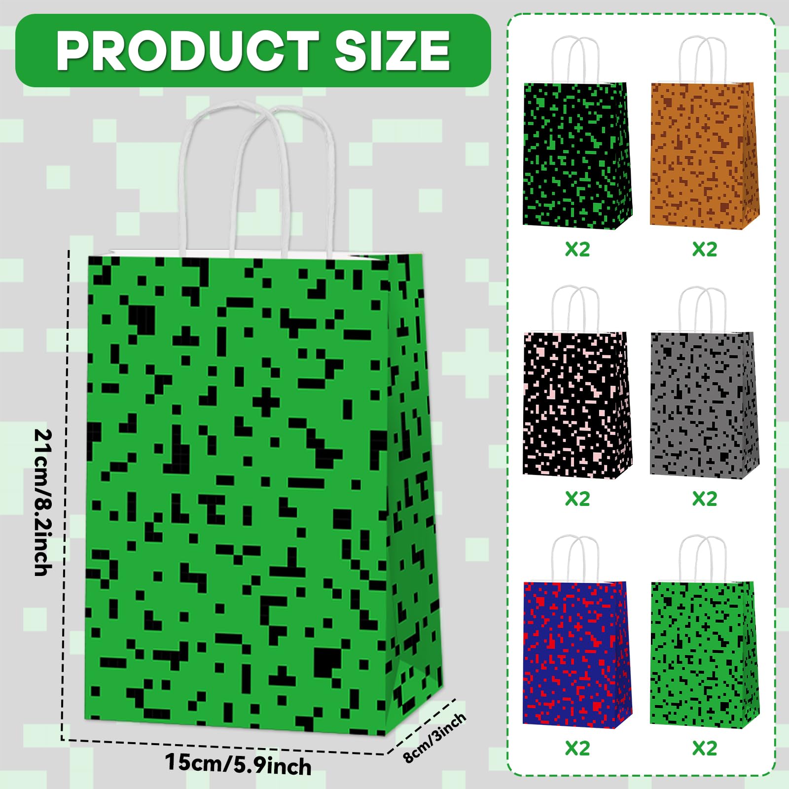 12 PCS Pixel Party Favors Bags Video Game Themed Paper Treat Bags with Handles Pixelated Goodie Gift Bag for Boys Girls Video Game Happy Birthday Baby Shower Party Decoration Supplies