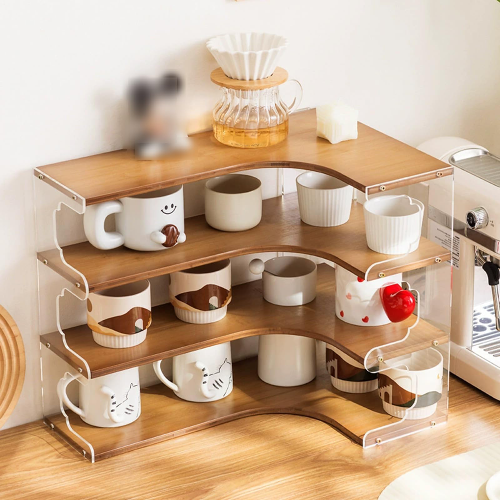 Estante expositor de tazas – Soporte para tazas de café de 3 niveles con panel acrílico, organizador de estante de encimera para cocina