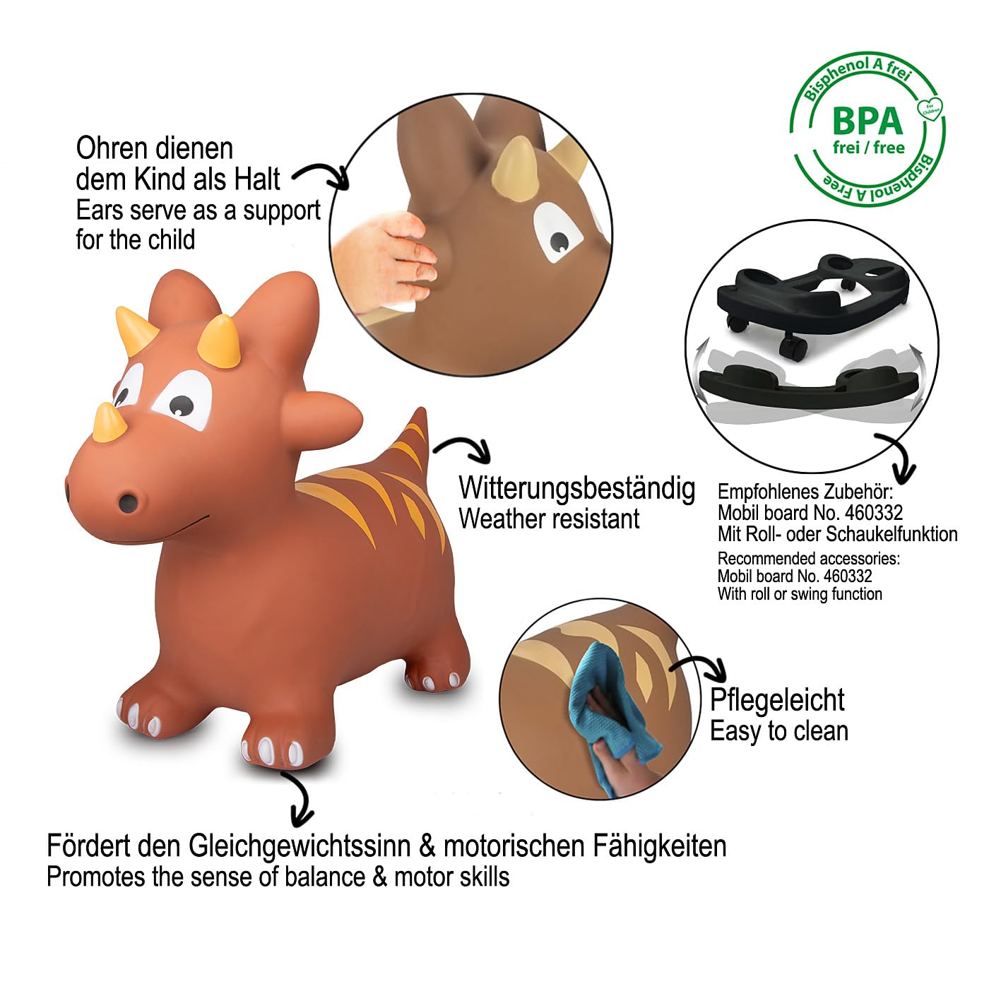 JAMARA 460591 - Dino z pompką, nie zawiera BPA, do 50 kg, wspomaga zmysł równowagi i zdolności motoryczne, uszy zwierząt służą jako trzymanie, wytrzymałe i wytrzymałe, łatwe w utrzymaniu