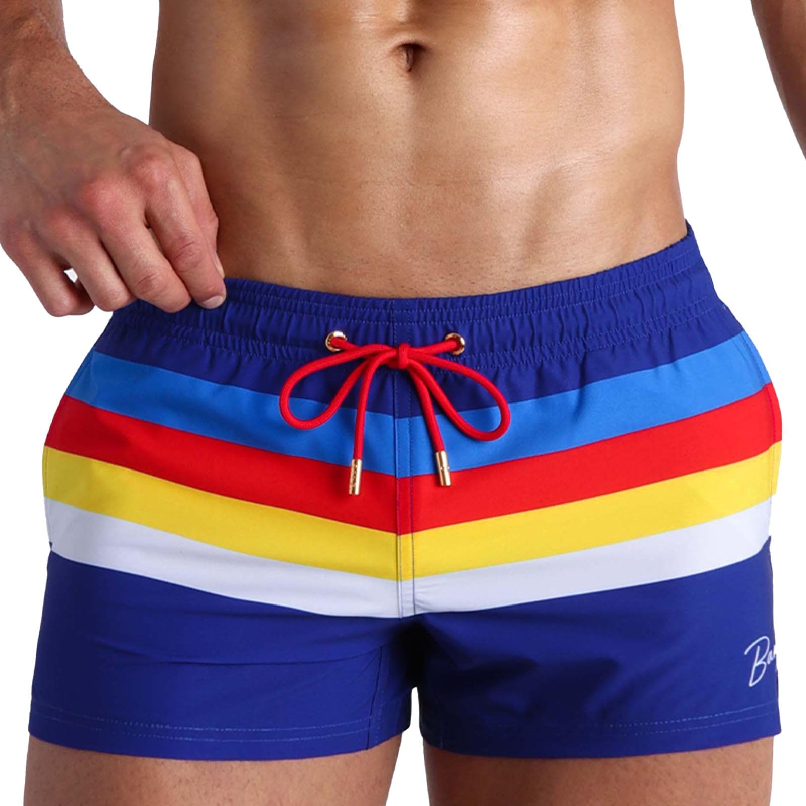 Bang Men's SwimwearShow Shorts - Stretchy Quick-Dry Shorter Length Beach Trunks (STRIPE'A'POSE - S)