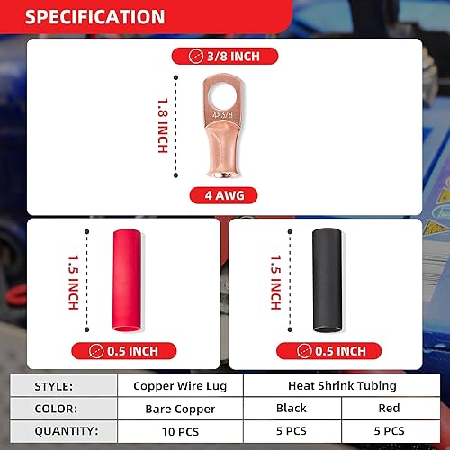 Miniatura 2 de RED WOLF Terminales de alambre de cobre 4 AWG 38 pulgadas, conectores de cable de batería, conector de cobre, 10 unidades, con tubo termorretráctil