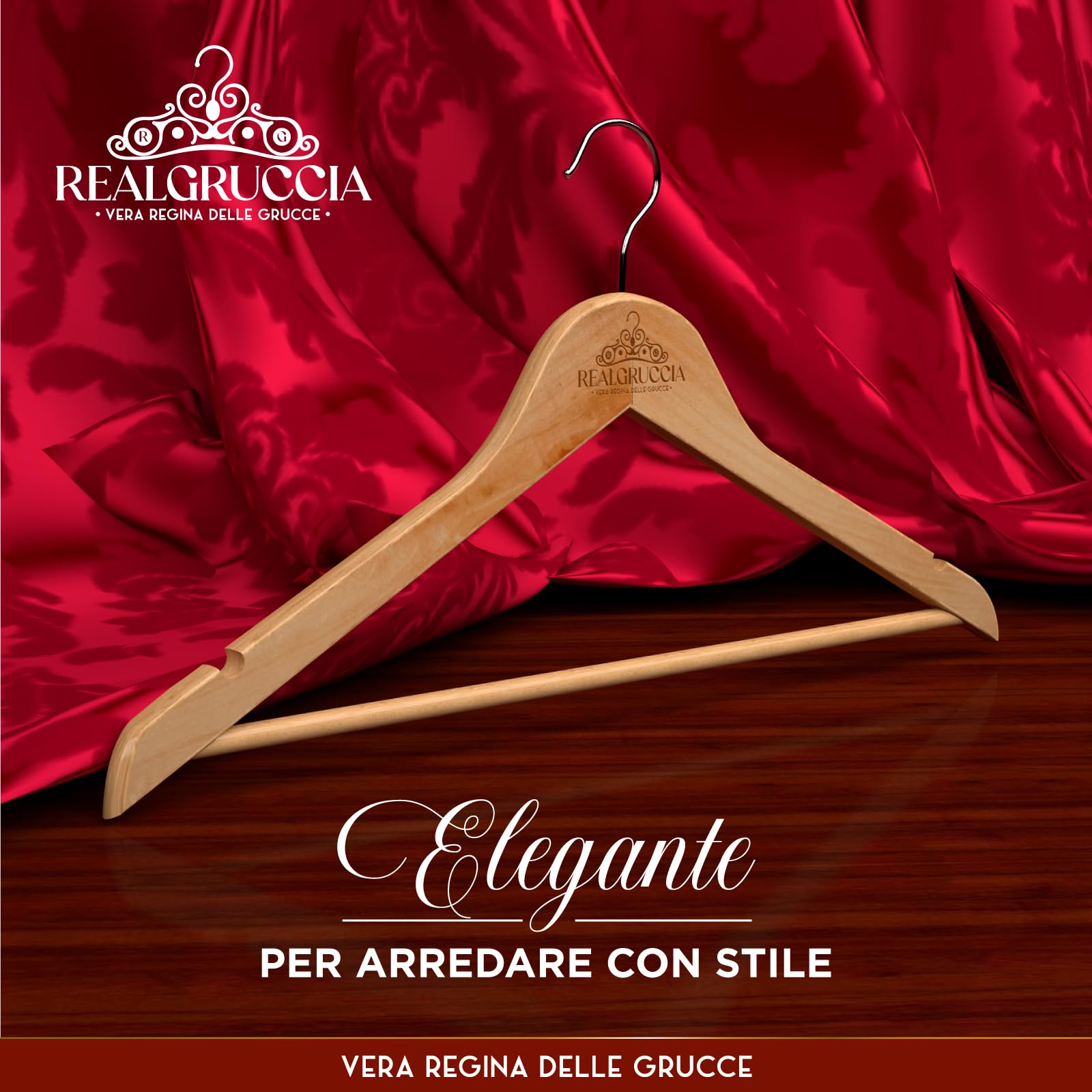 40 Grucce Appendiabiti in Legno Naturale per Vestiti Abiti Giacche Camicie - RealGruccia Barra porta Pantaloni Tacche Antiscivolo e Gancio Girevole 360° - Finitura Lucida e Profilo Smussato - 22x45cm