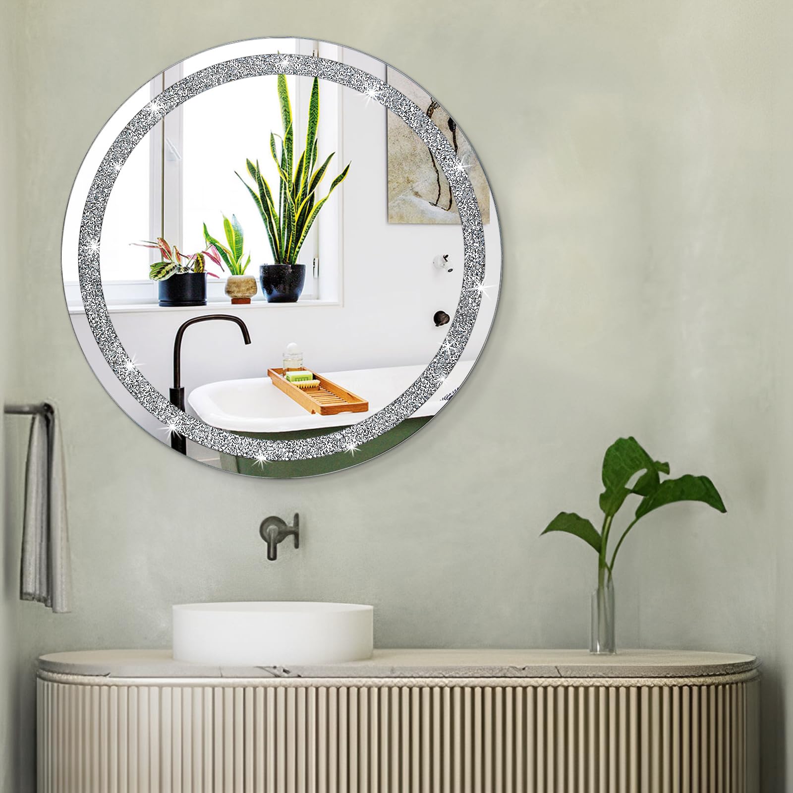 Specchio da parete con cristallo Crush e diamante per parete, decorazione rotonda, senza cornice, argento, specchio Bling ed elegante per Hallway Bathroom Bedroom Living Room, 60 x 60 cm